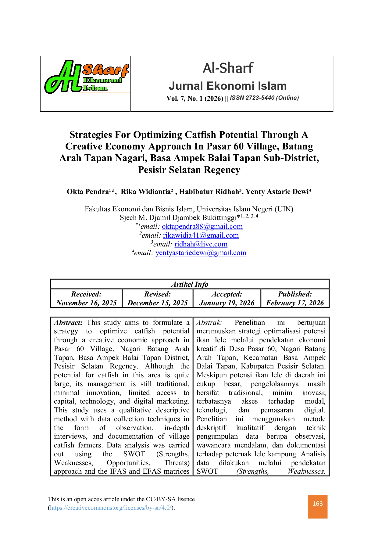 JURIS Strategies For Optimizing Catfish Potential Through A Creative Economy Approach In Pasar 60 Village Batang Arah Tapan Nagari Basa Ampek Balai Tapan Sub District Pesisir Selatan Regency