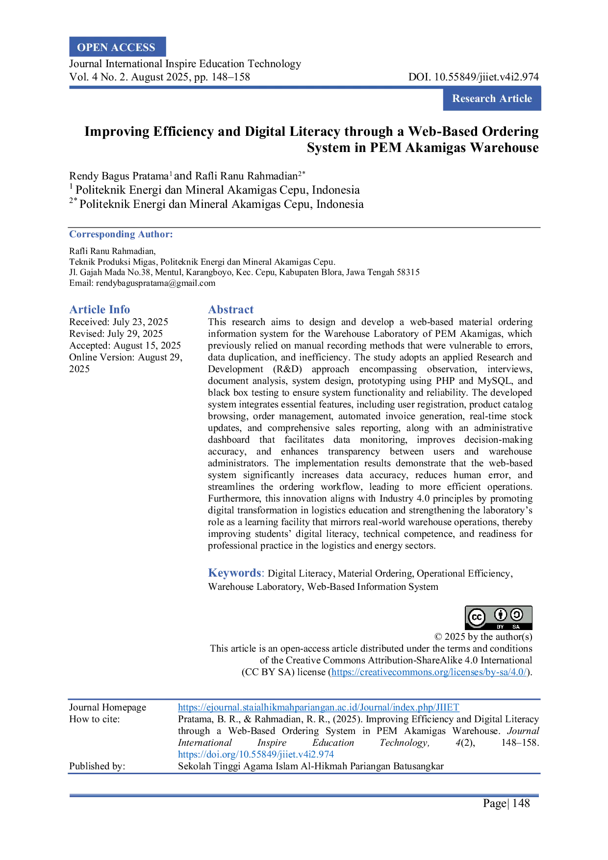 JURIS Improving Efficiency and Digital Literacy through a Web Based Ordering System in PEM Akamigas Warehouse