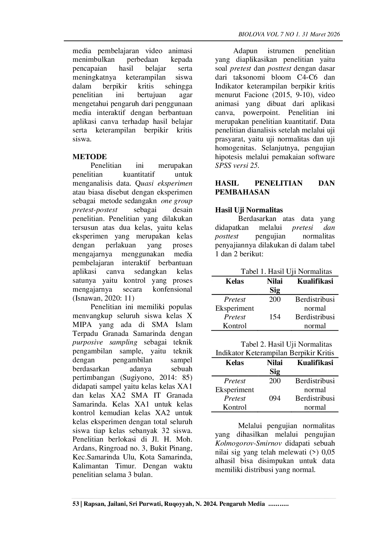 JURIS Pengaruh Media Pembelajaran Interaktif Aplikasi Canva Terhadap Hasil Belajar dan Keterampilan Berpikir Kritis Siswa SMA IT Granada Materi Keanekaragaman Hayati