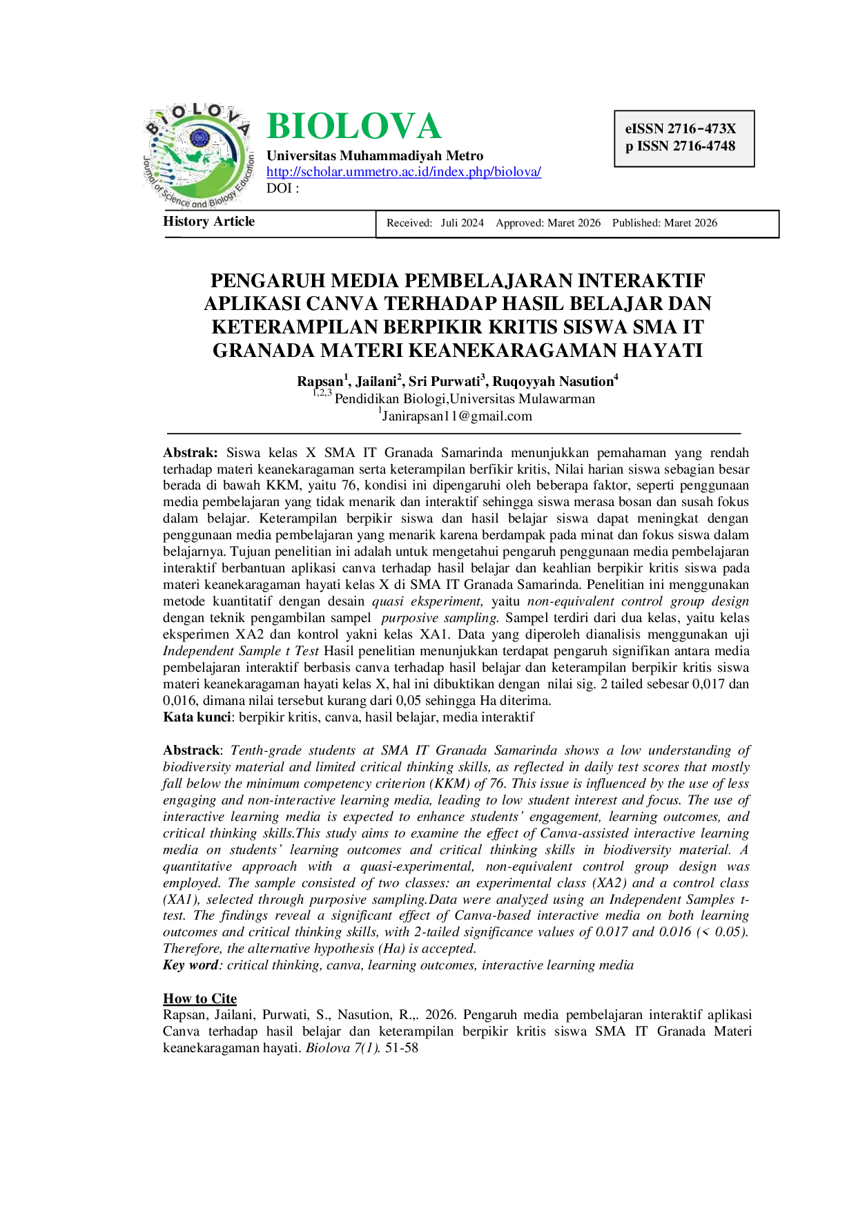 JURIS Pengaruh Media Pembelajaran Interaktif Aplikasi Canva Terhadap Hasil Belajar dan Keterampilan Berpikir Kritis Siswa SMA IT Granada Materi Keanekaragaman Hayati