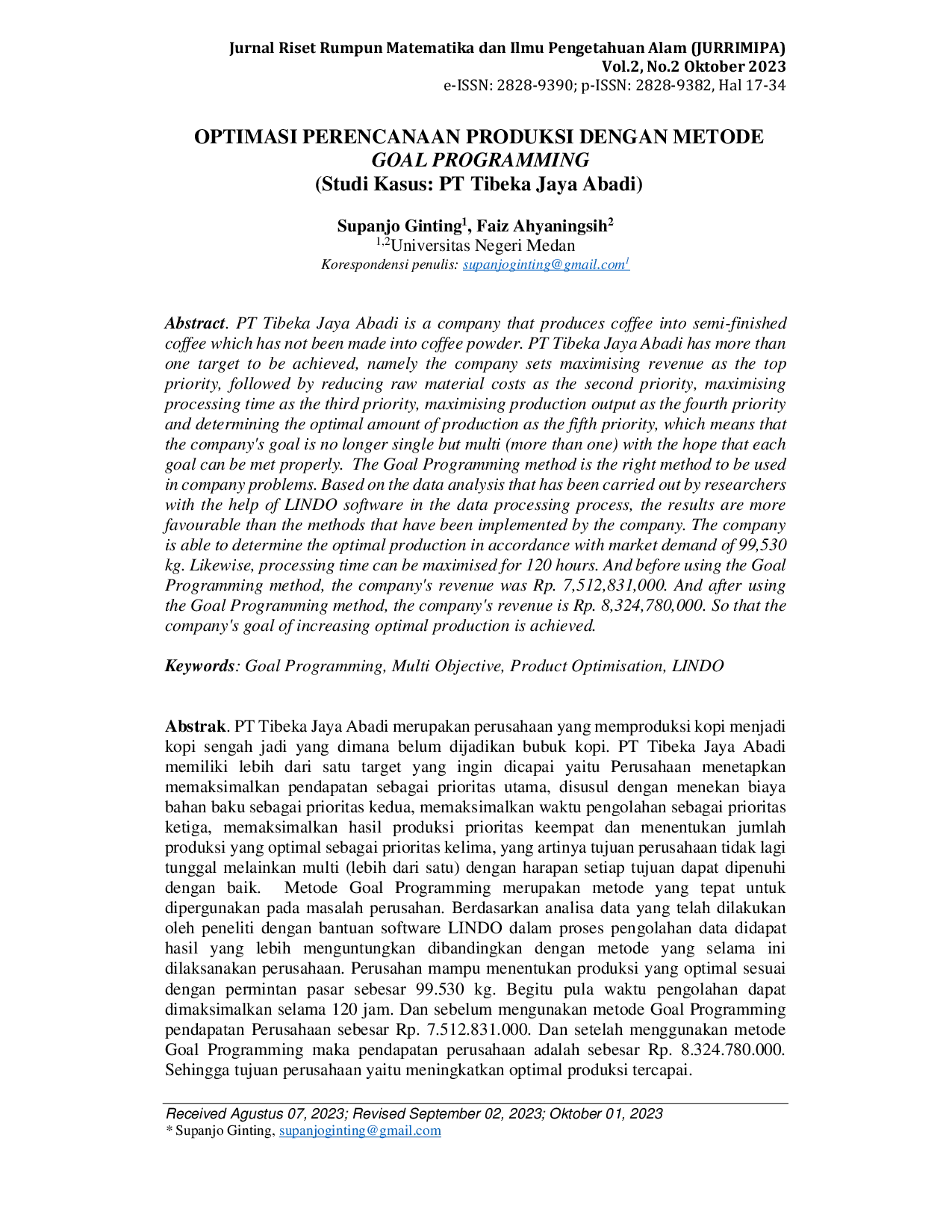 JURIS OPTIMASI PERENCANAAN PRODUKSI DENGAN METODE GOAL PROGRAMMING Studi Kasus PT Tibeka Jaya Abadi