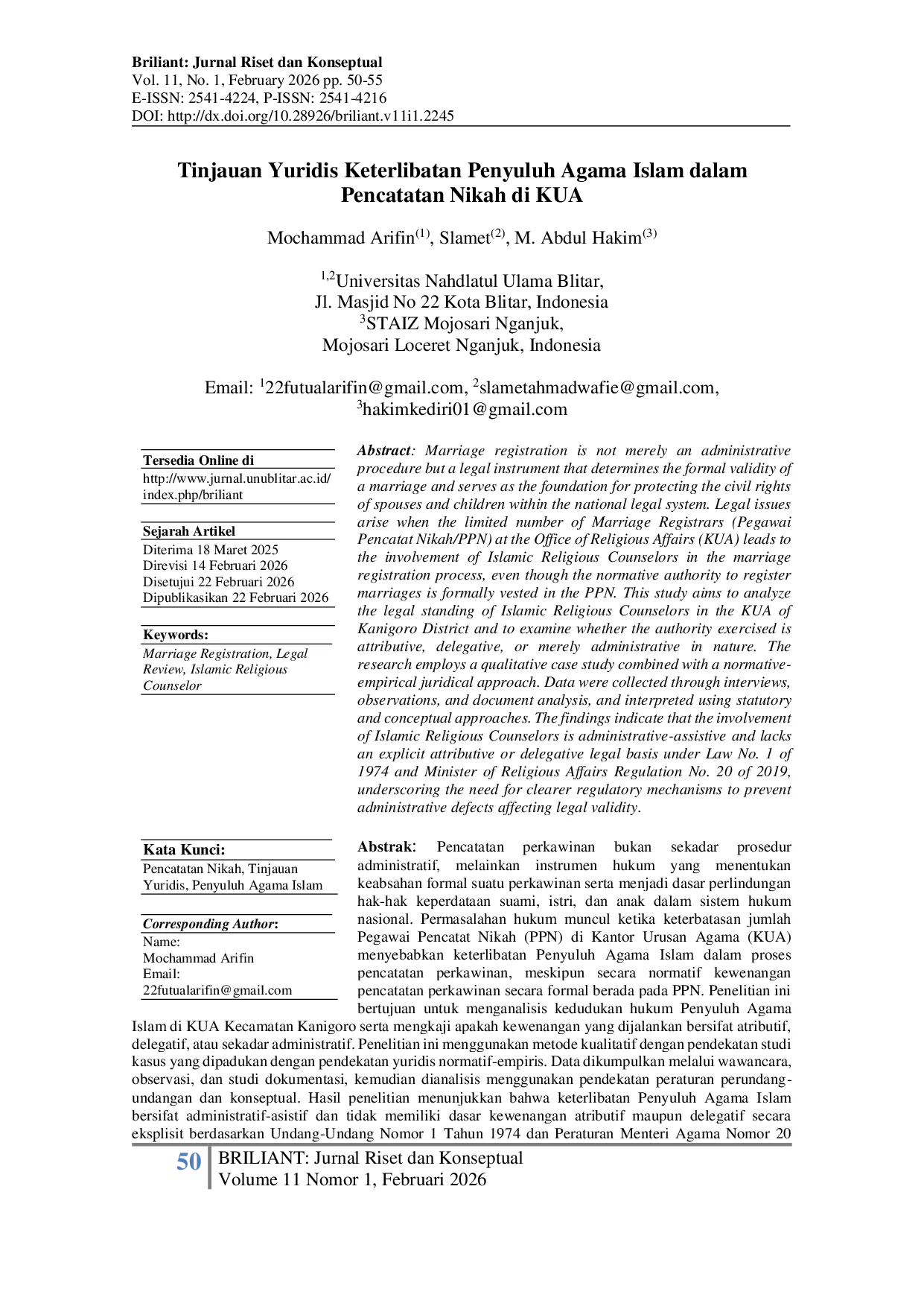 JURIS Tinjauan Yuridis Keterlibatan Penyuluh Agama Islam dalam Pencatatan Nikah di KUA