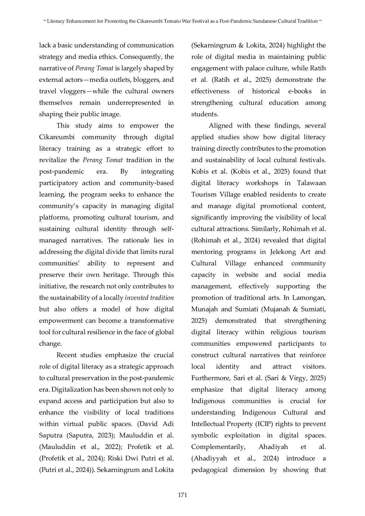 JURIS Literacy Enhancement for Promoting the Cikareumbi Tomato War Festival as a Post Pandemic Sundanese Cultural Tradition