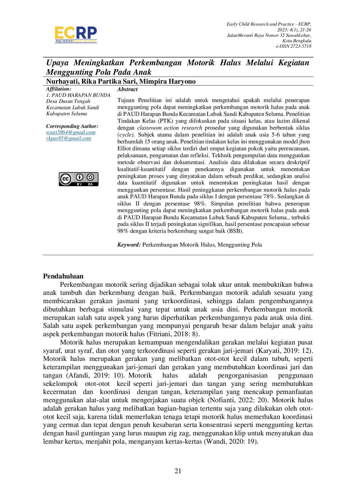 JURIS Upaya Meningkatkan Perkembangan Motorik Halus Melalui Kegiatan Menggunting Pola Pada Anak