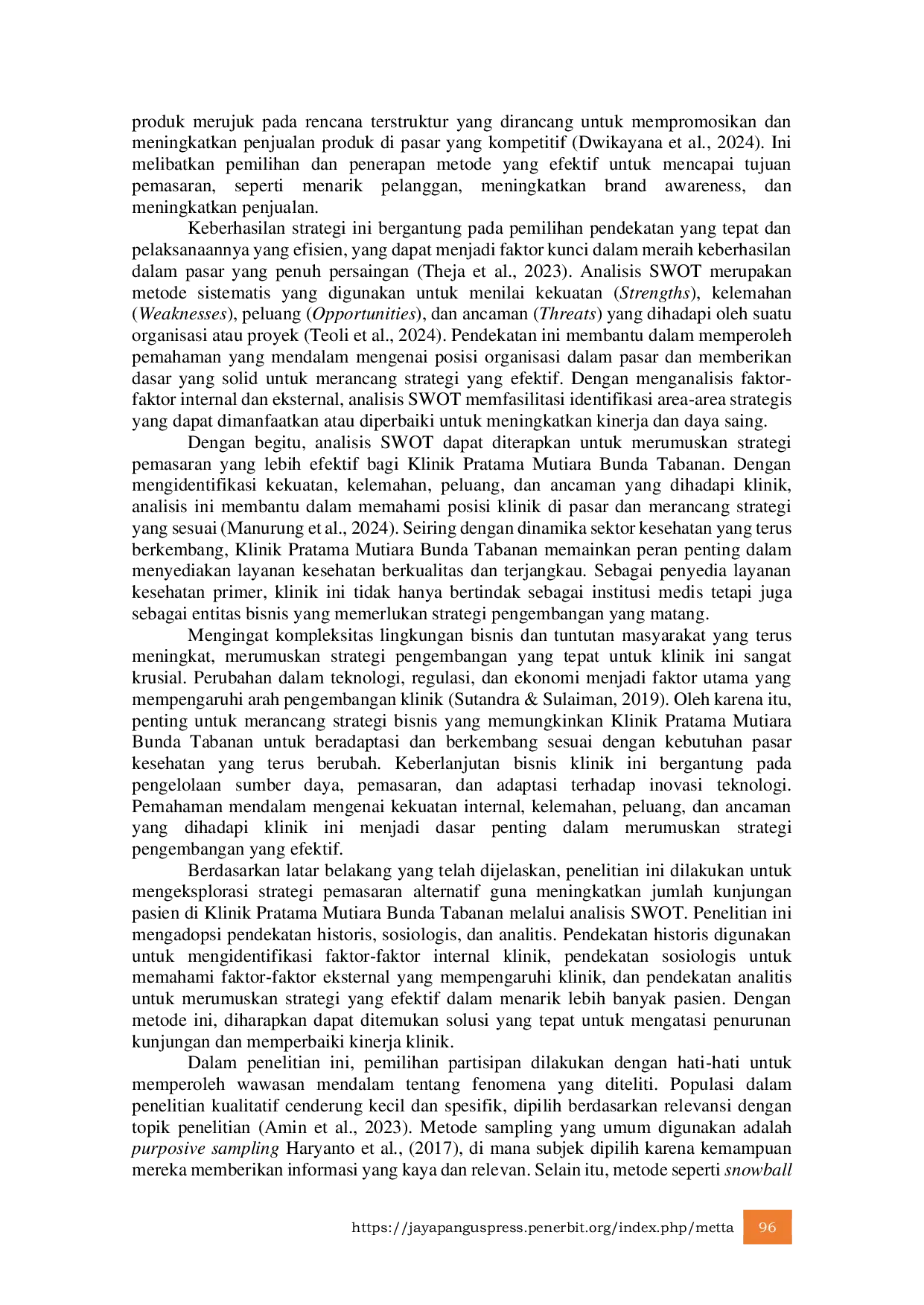 JURIS Strategi Pemasaran Klinik Pratama Mutiara Bunda Tabanan berbasis SWOT untuk Meningkatkan Kunjungan Pasien