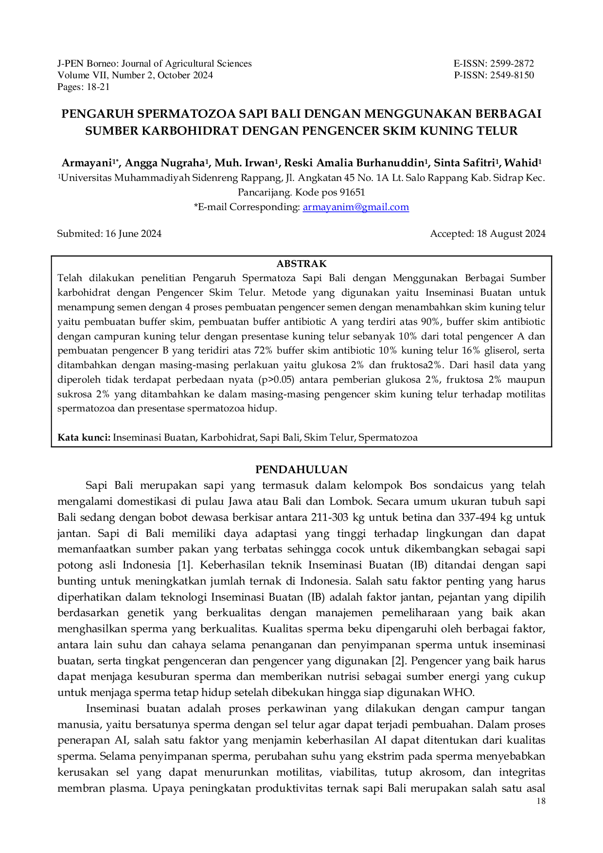 JURIS Pengaruh Spermatozoa Sapi Bali Dengan Menggunakan Berbagai Sumber Karbohidrat Dengan Pengencer Skim Kuning Telur