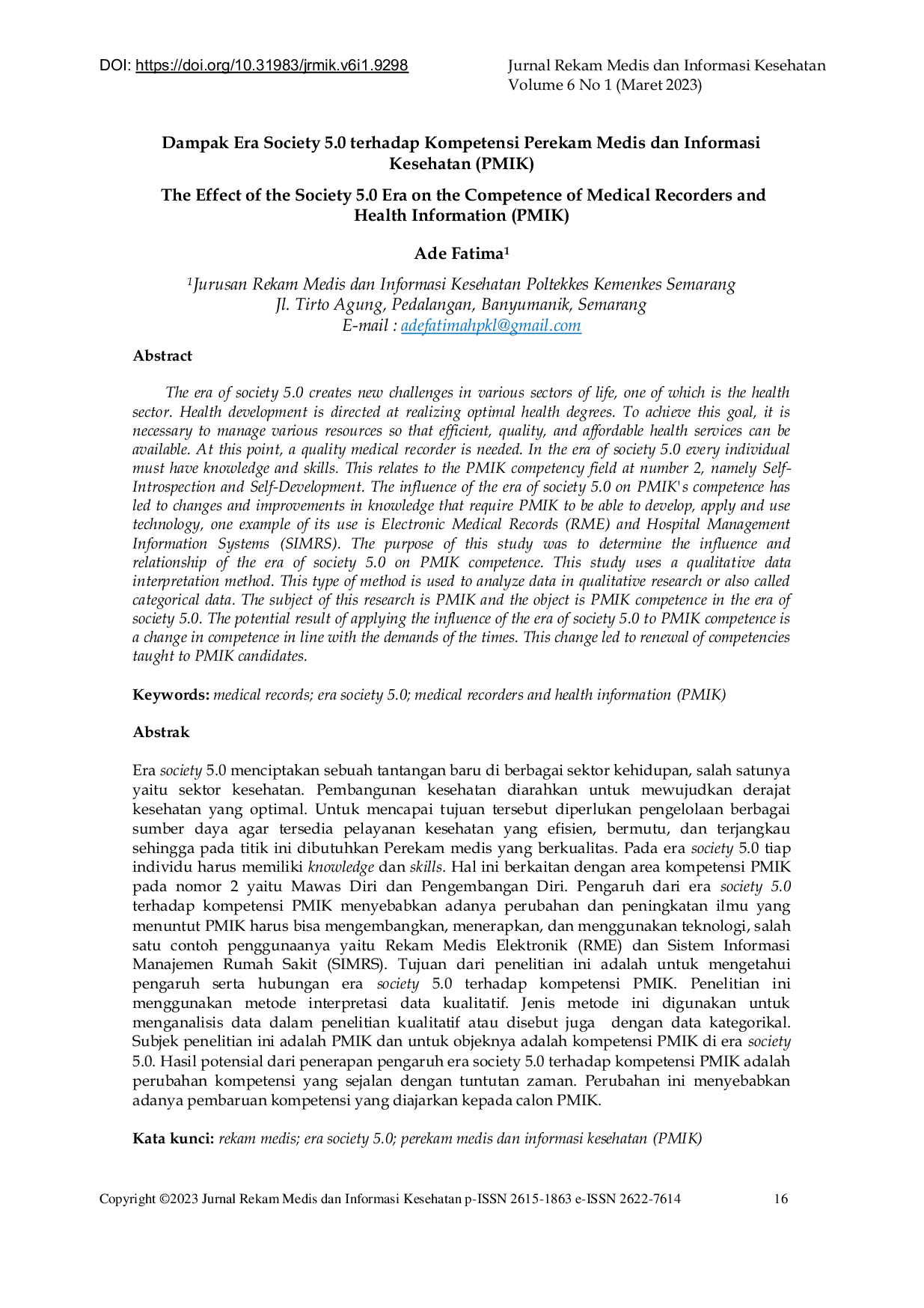 JURIS Dampak Era Society 5 0 Terhadap Kompetensi Perekam Medis dan Informasi Kesehatan PMIK