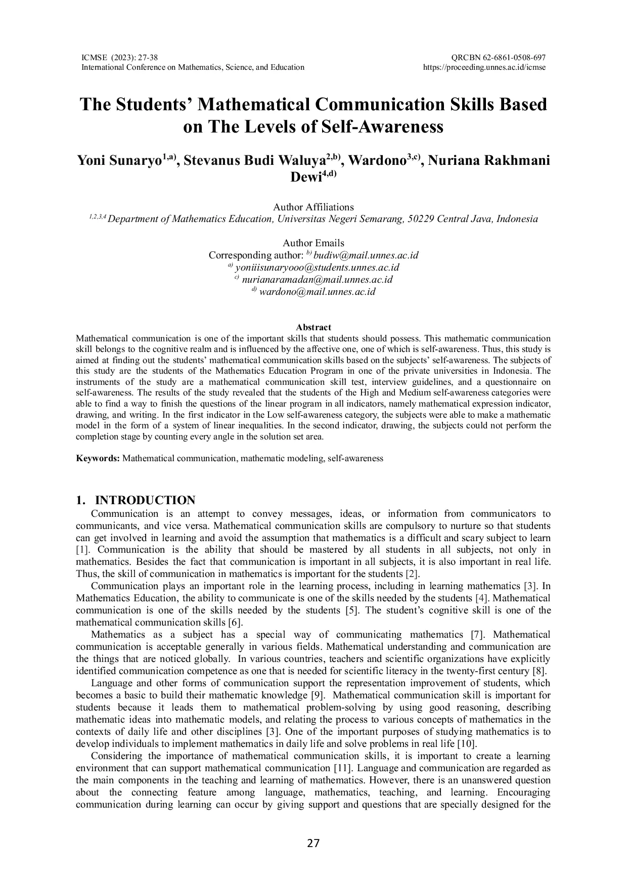 JURIS The Students Mathematical Communication Skills Based on The Levels of Self Awareness