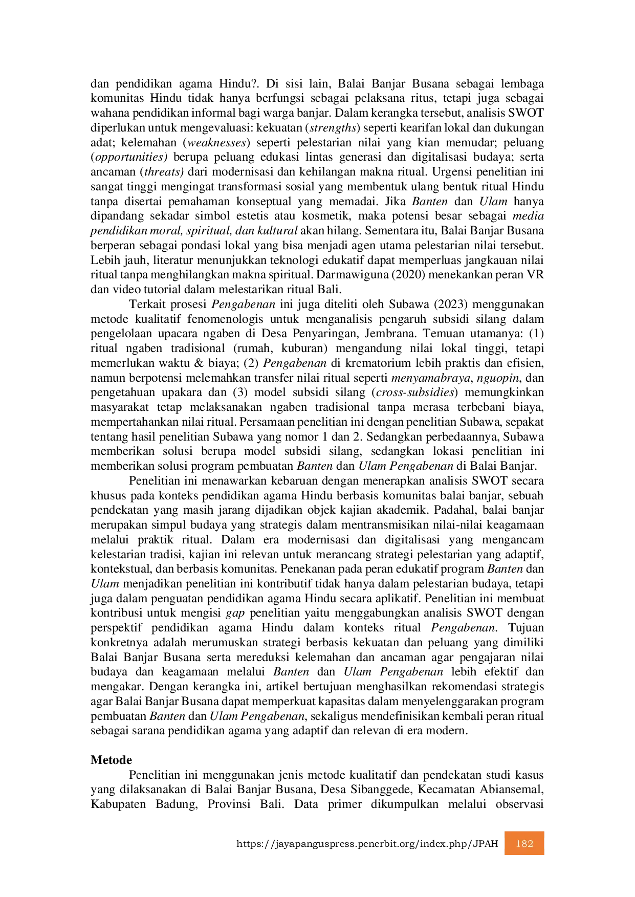 JURIS Analisis SWOT Program Banten dan Ulam Pengabenan Perspektif Pendidikan Hindu