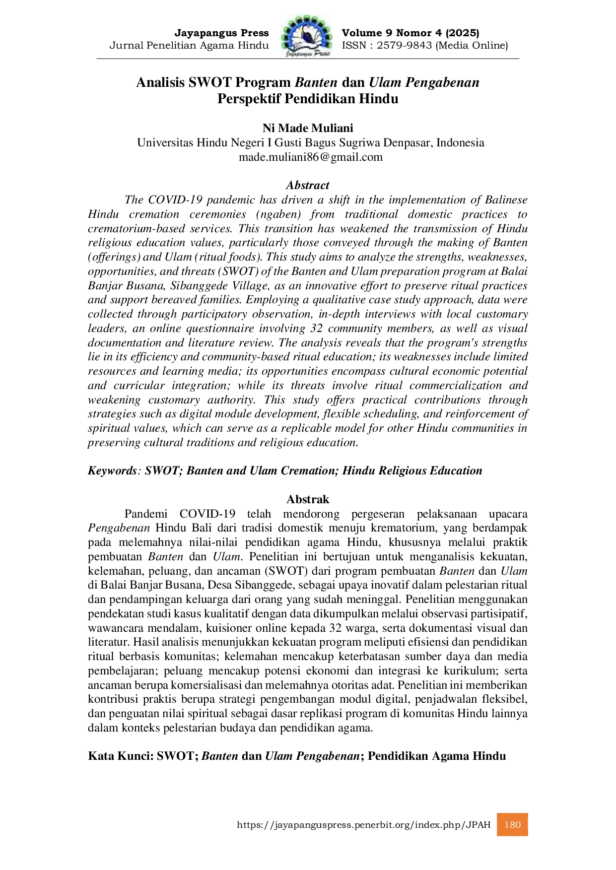 JURIS Analisis SWOT Program Banten dan Ulam Pengabenan Perspektif Pendidikan Hindu