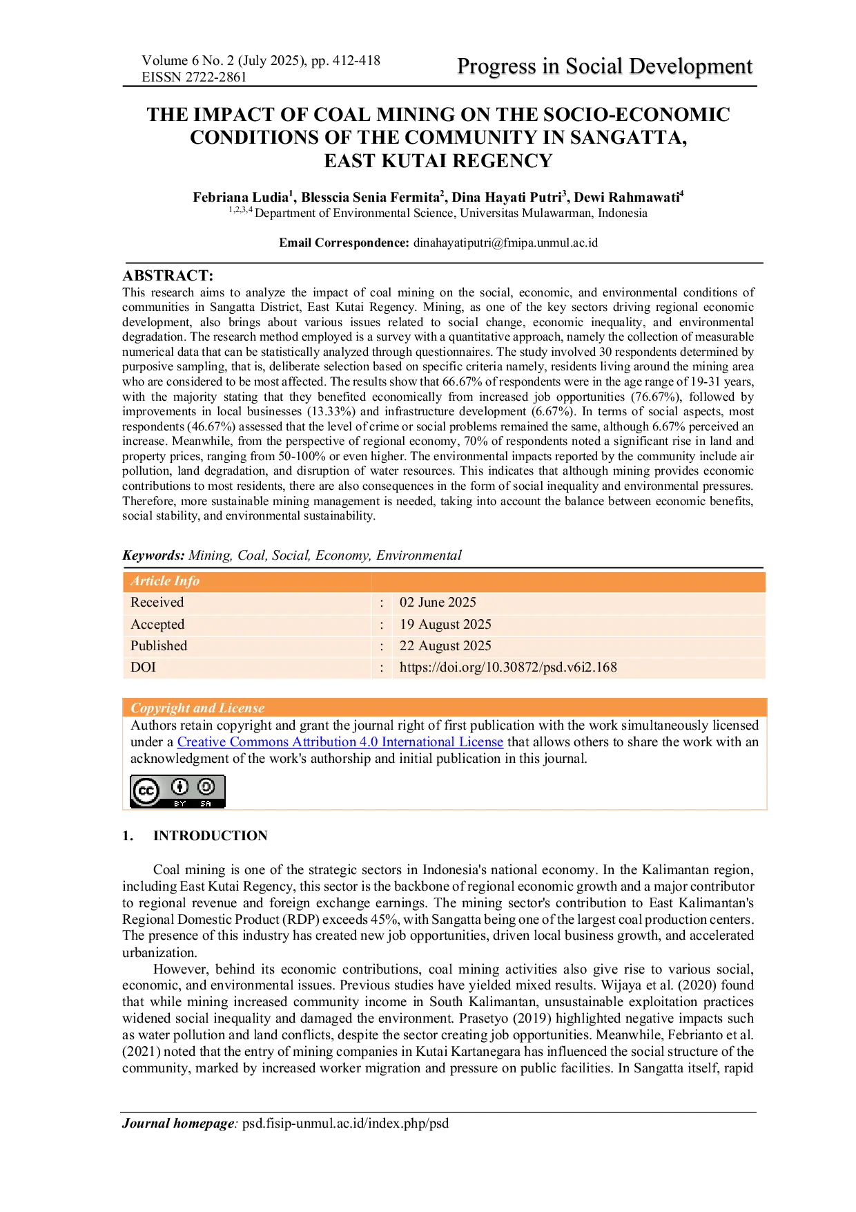 JURIS The Impact of Coal Mining on the Socio Economic Conditions of the Community in Sangatta East Kutai Regency