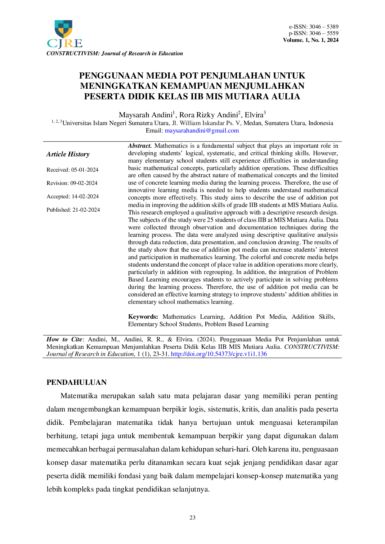 JURIS Penggunaan Media Pot Penjumlahan untuk Meningkatkan Kemampuan Menjumlahkan Peserta Didik Kelas IIB MIS Mutiara Aulia