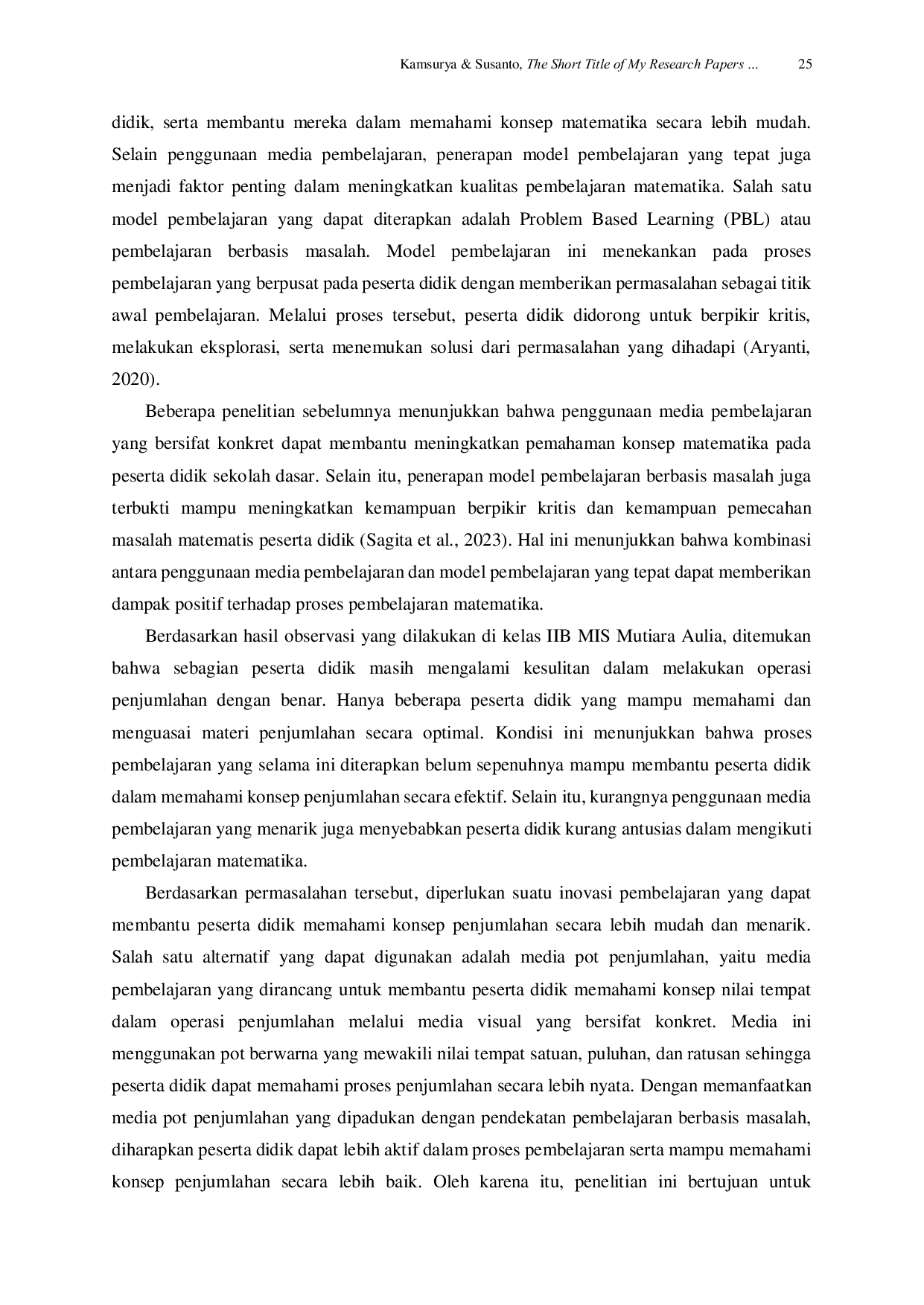 JURIS Penggunaan Media Pot Penjumlahan untuk Meningkatkan Kemampuan Menjumlahkan Peserta Didik Kelas IIB MIS Mutiara Aulia