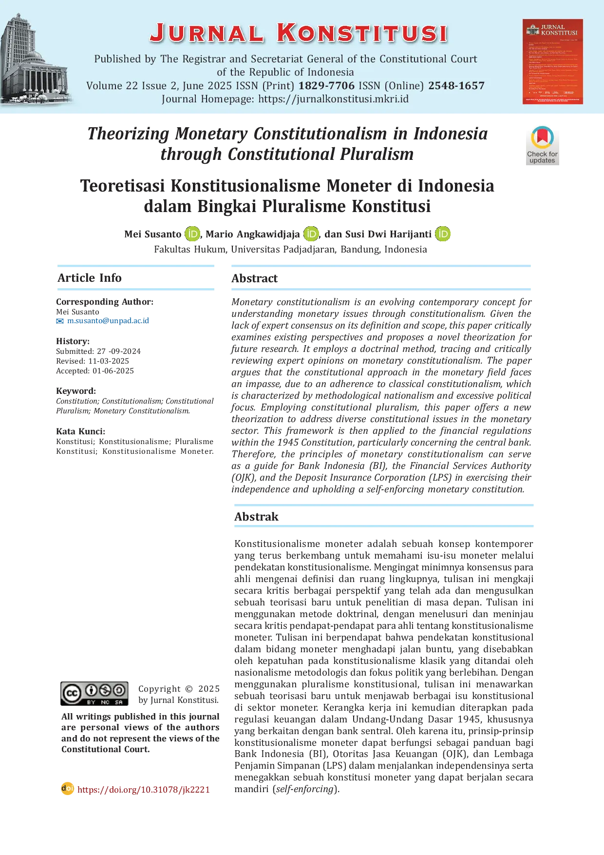 JURIS Teoretisasi Konstitusionalisme Moneter di Indonesia dalam Bingkai Pluralisme Konstitusi Theorizing Monetary Constitutionalism in Indonesia through Constitutional Pluralism