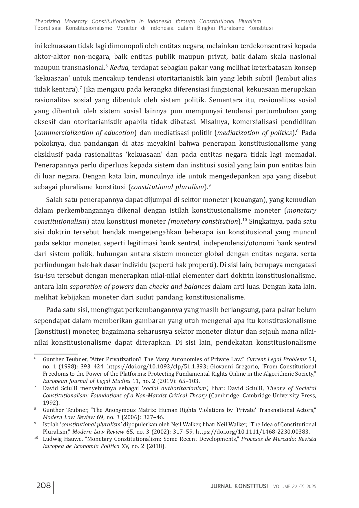 JURIS Teoretisasi Konstitusionalisme Moneter di Indonesia dalam Bingkai Pluralisme Konstitusi Theorizing Monetary Constitutionalism in Indonesia through Constitutional Pluralism