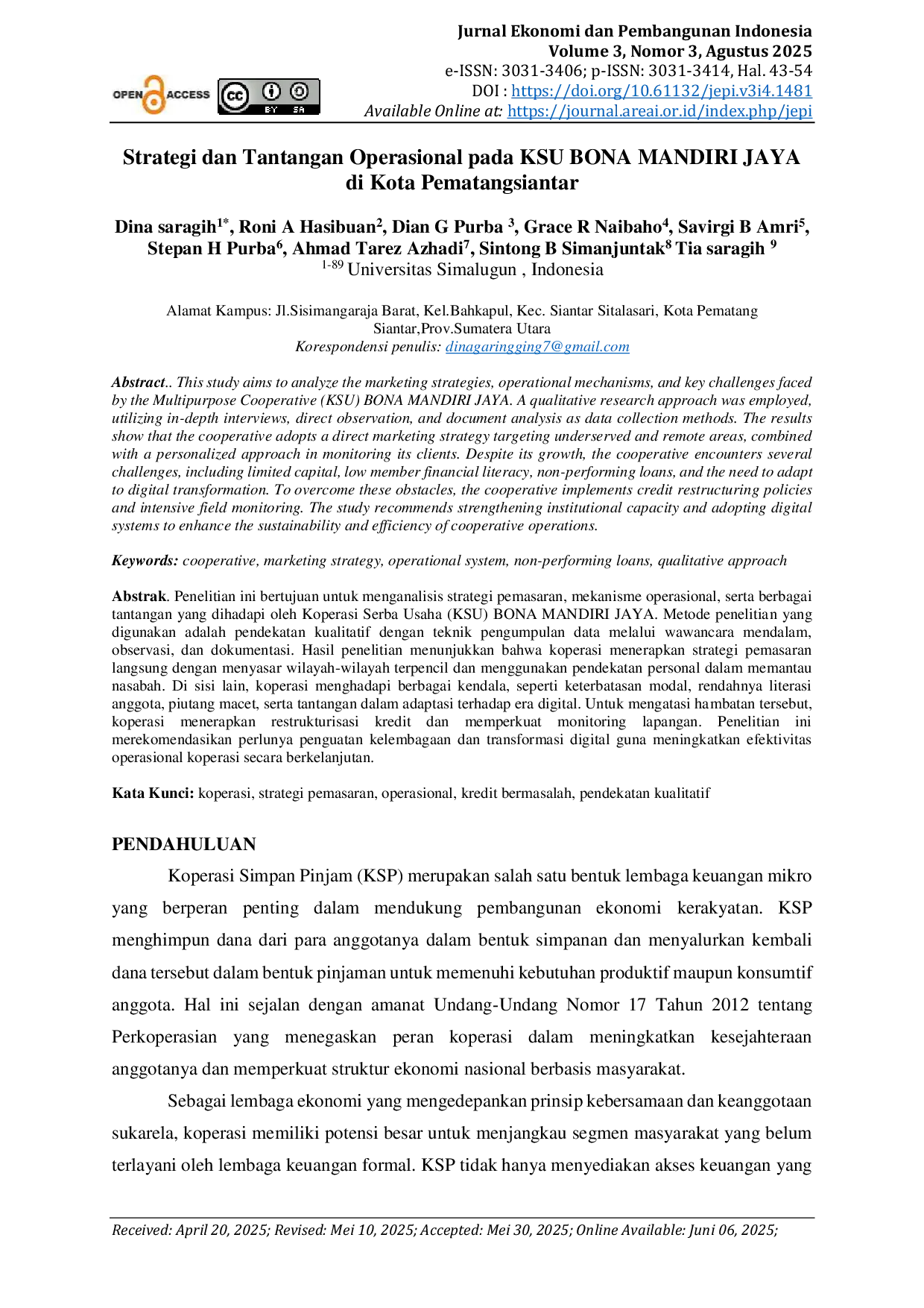 JURIS Strategi dan Tantangan Operasional pada KSU BONA MANDIRI JAYA di Kota Pematangsiantar