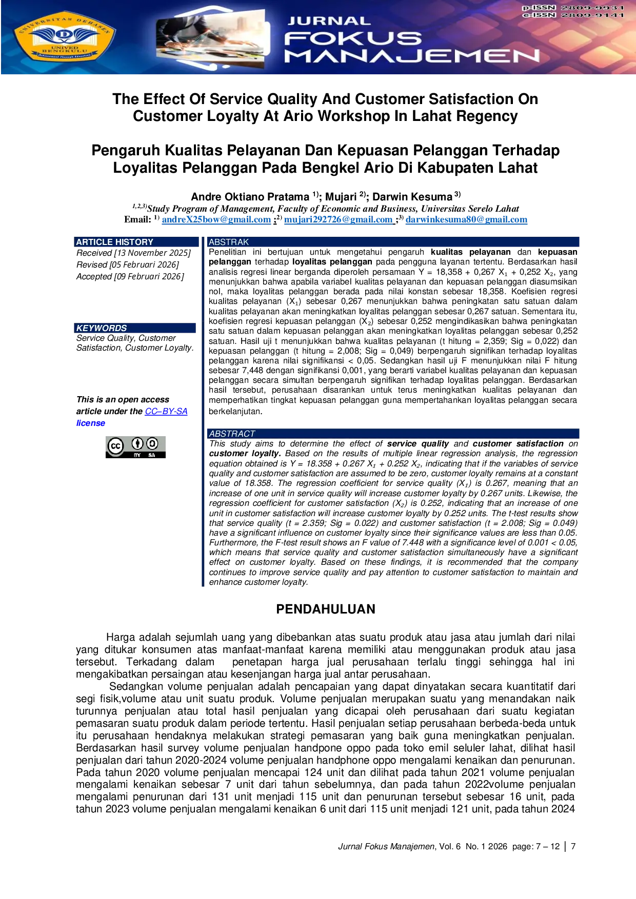 JURIS The Effect Of Service Quality And Customer Satisfaction On Customer Loyalty At Ario Workshop In Lahat Regency