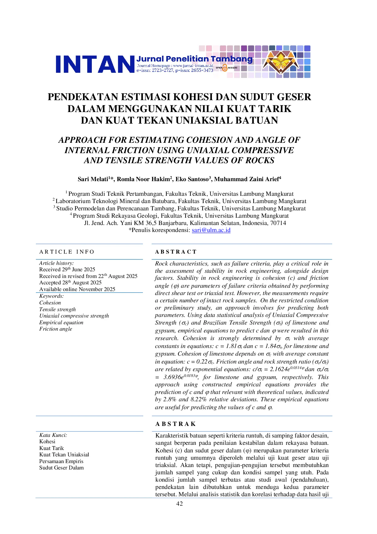 JURIS Pendekatan Estimasi Kohesi Dan Sudut Geser Dalam Menggunakan Nilai Kuat Tarik Dan Kuat Tekan Uniaksial Batuan