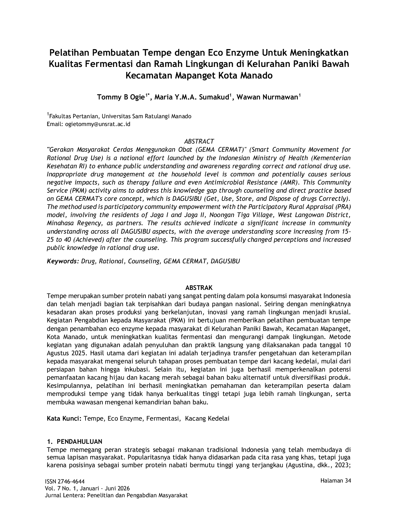 JURIS Pelatihan Pembuatan Tempe dengan Eco Enzyme Untuk Meningkatkan Kualitas Fermentasi dan Ramah Lingkungan di Kelurahan Paniki Bawah Kecamatan Mapanget Kota Manado