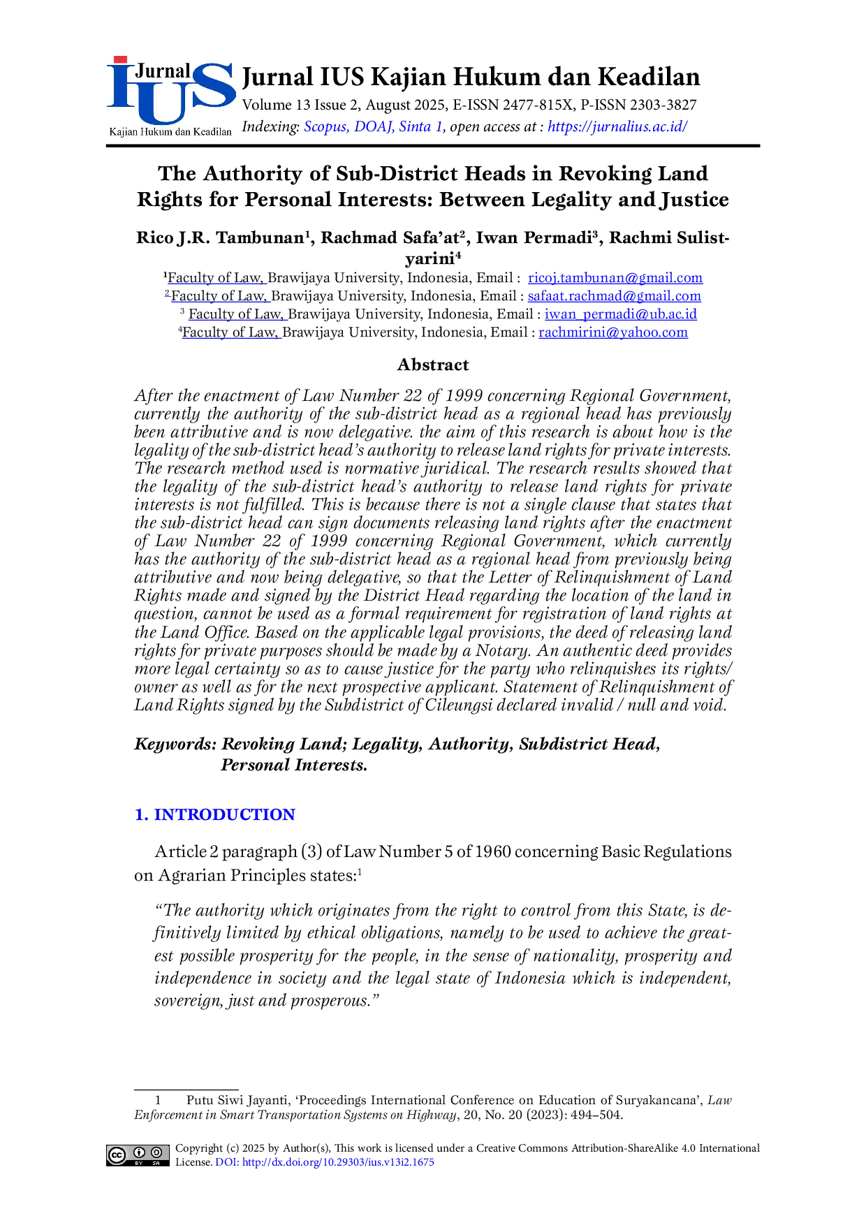 JURIS The Authority of Sub District Heads in Revoking Land Rights for Personal Interests Between Legality and Justice
