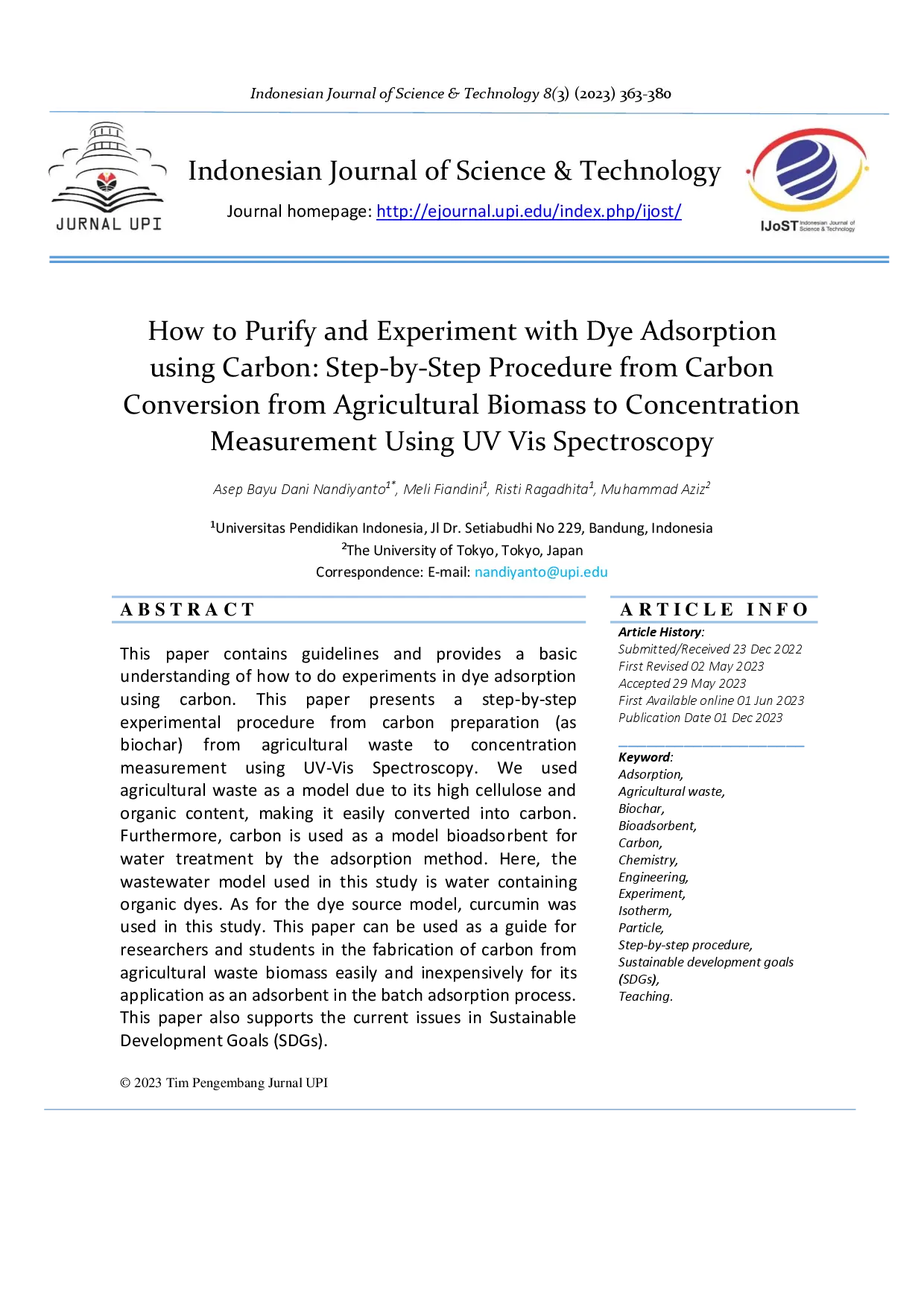 juris How to Purify and Experiment with Dye Adsorption using Carbon Step by Step Procedure from Carbon Conversion from Agricultural Biomass to Concentration Measurement Using UV Vis Spectroscopy