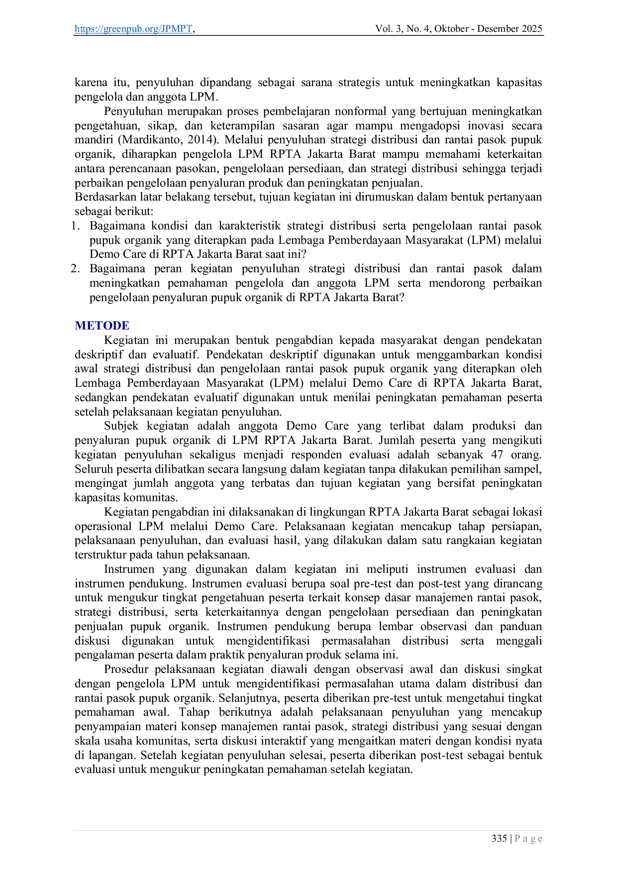 JURIS Penyuluhan Strategi Distribusi dan Rantai Pasok Pupuk Organik untuk Mendorong Peningkatan Penjualan pada Lembaga Pemberdayaan Masyarakat LPM RPTA Meruya Jakarta Barat