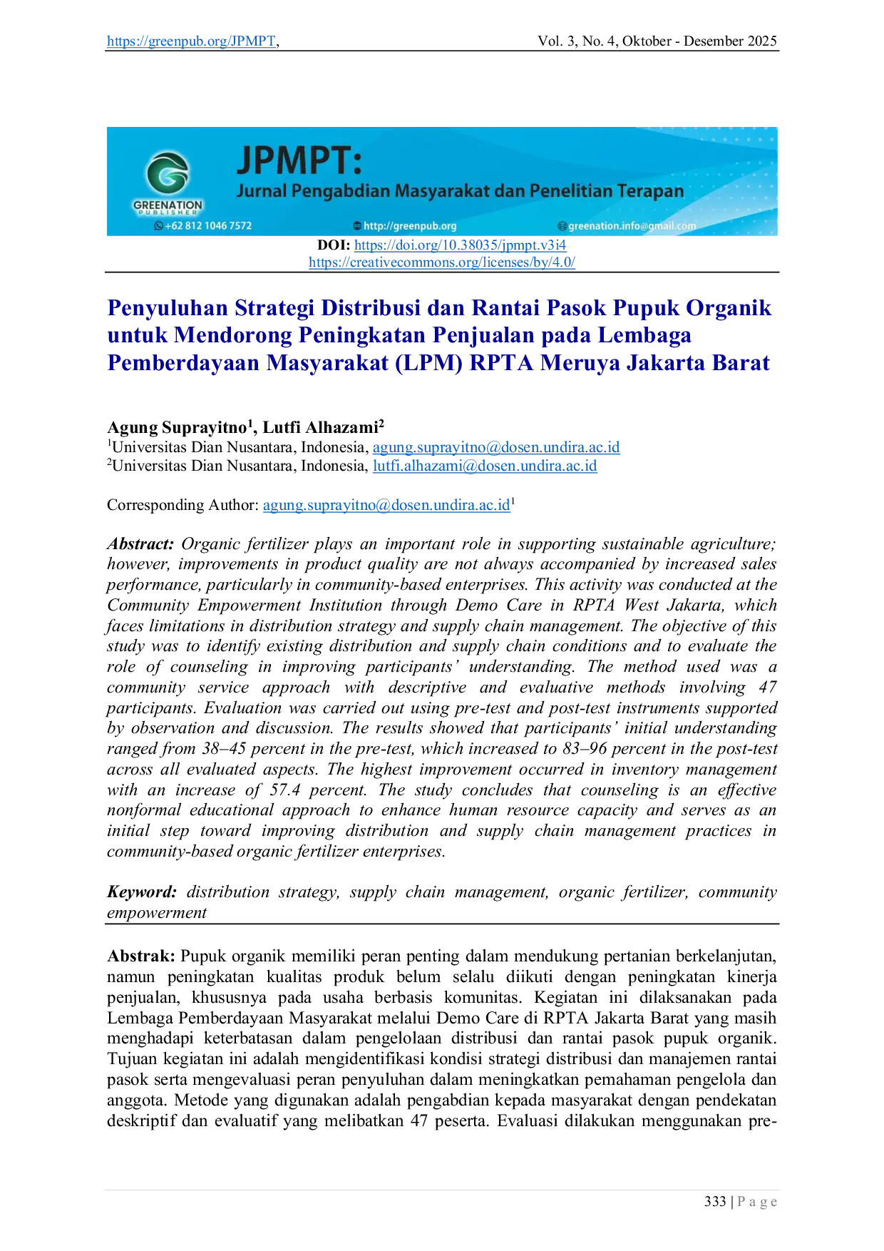 JURIS Penyuluhan Strategi Distribusi dan Rantai Pasok Pupuk Organik untuk Mendorong Peningkatan Penjualan pada Lembaga Pemberdayaan Masyarakat LPM RPTA Meruya Jakarta Barat