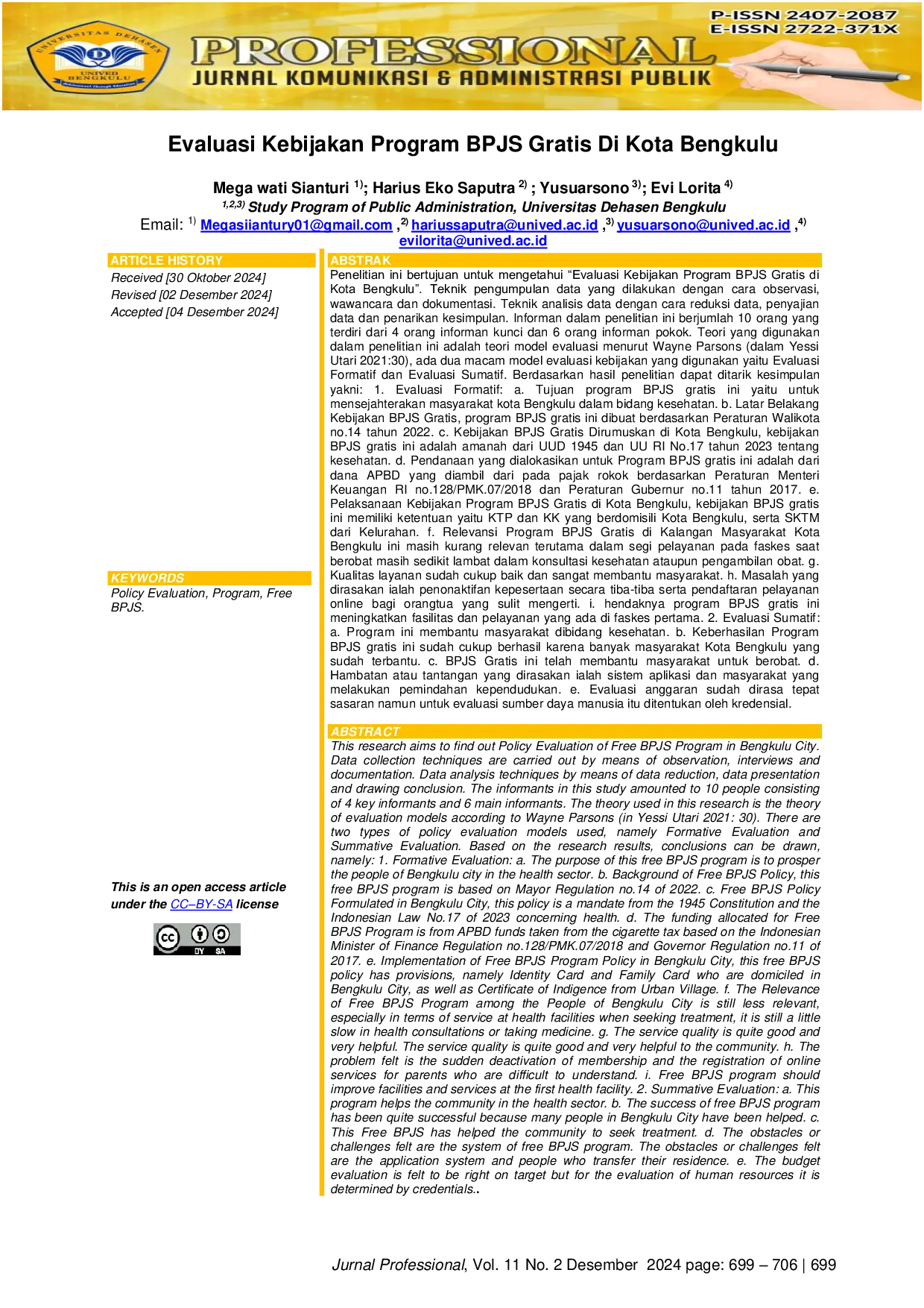 JURIS Evaluasi Kebijakan Program BPJS Gratis Di Kota Bengkulu