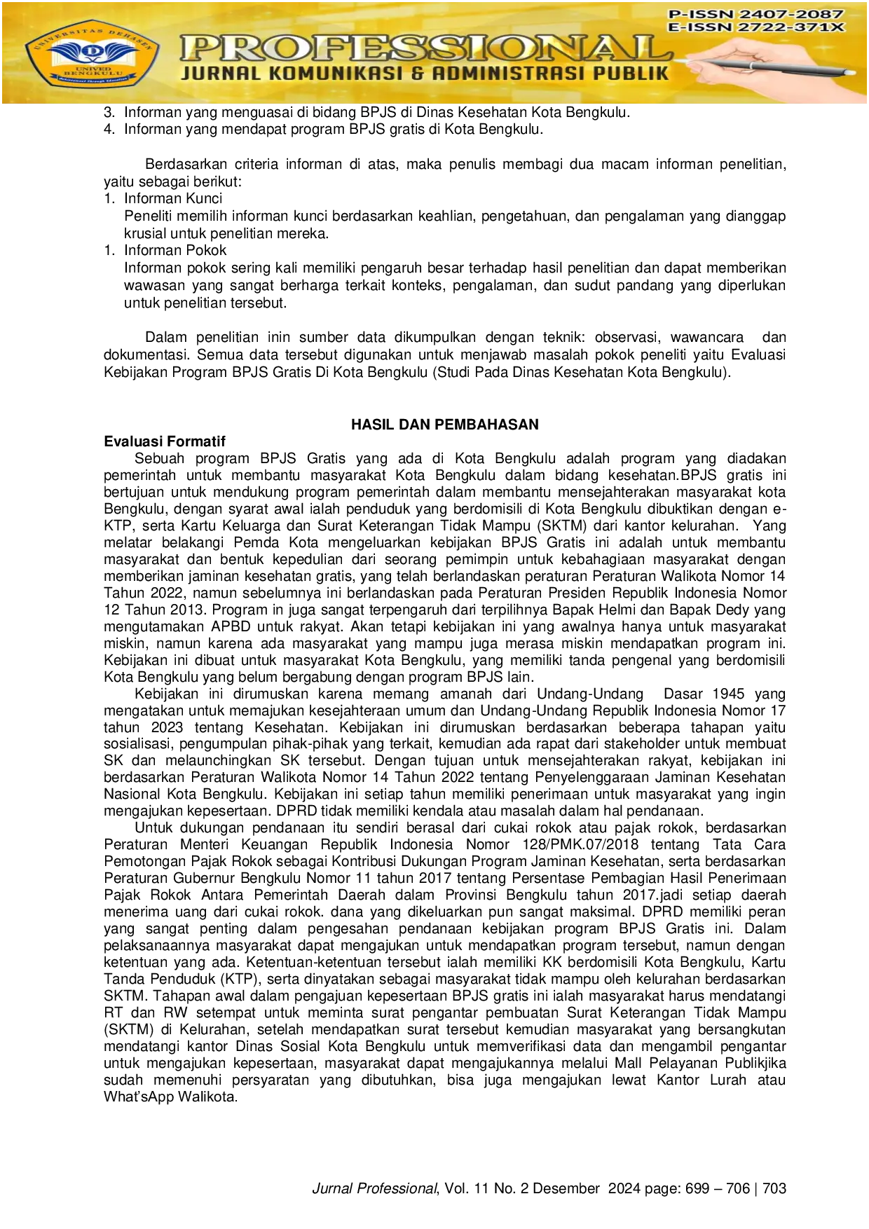 JURIS Evaluasi Kebijakan Program BPJS Gratis Di Kota Bengkulu