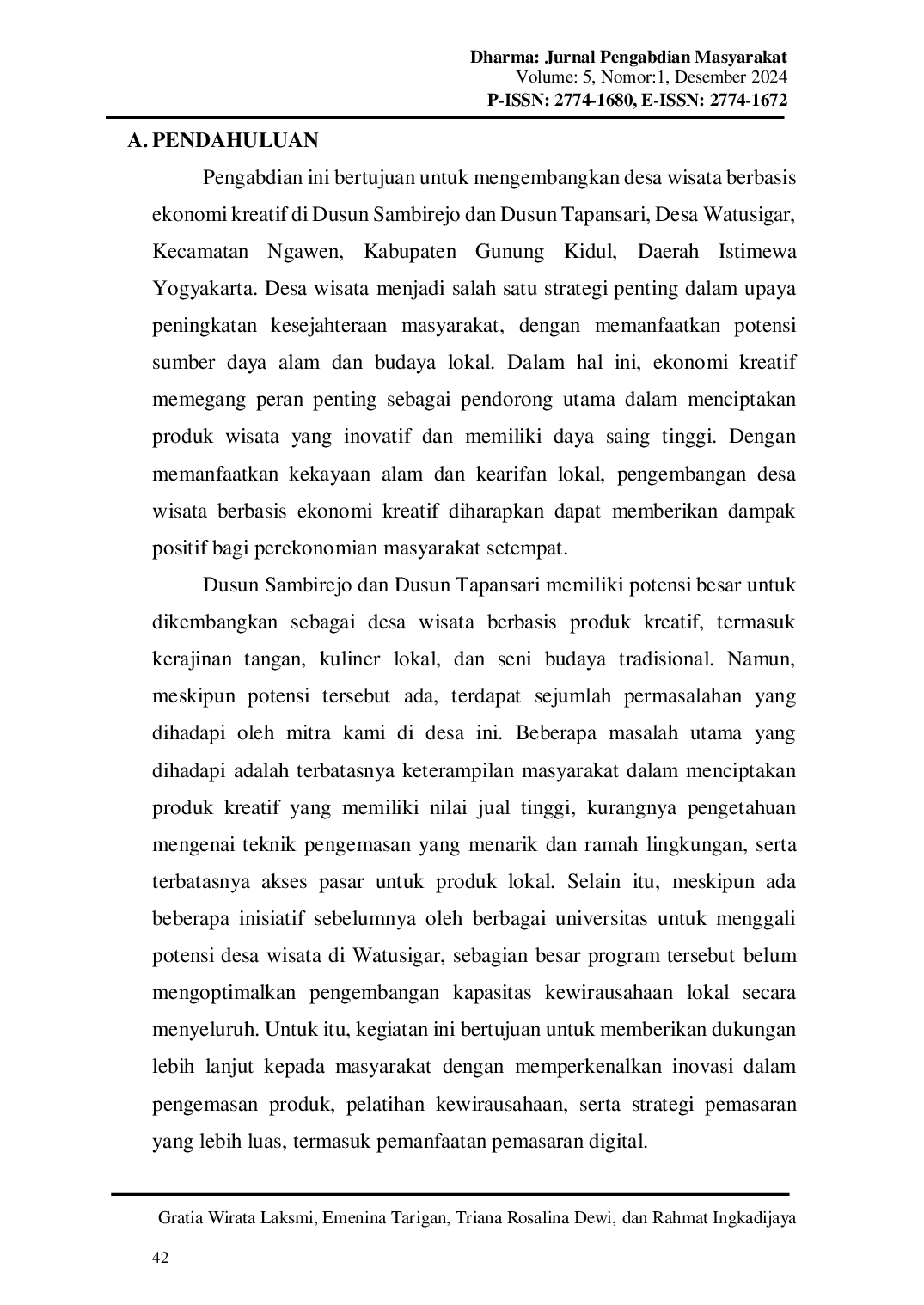 JURIS Pengembangan Potensi Desa Wisata Berbasis Ekonomi Kreatif untuk Meningkatkan Perekonomian Masyarakat