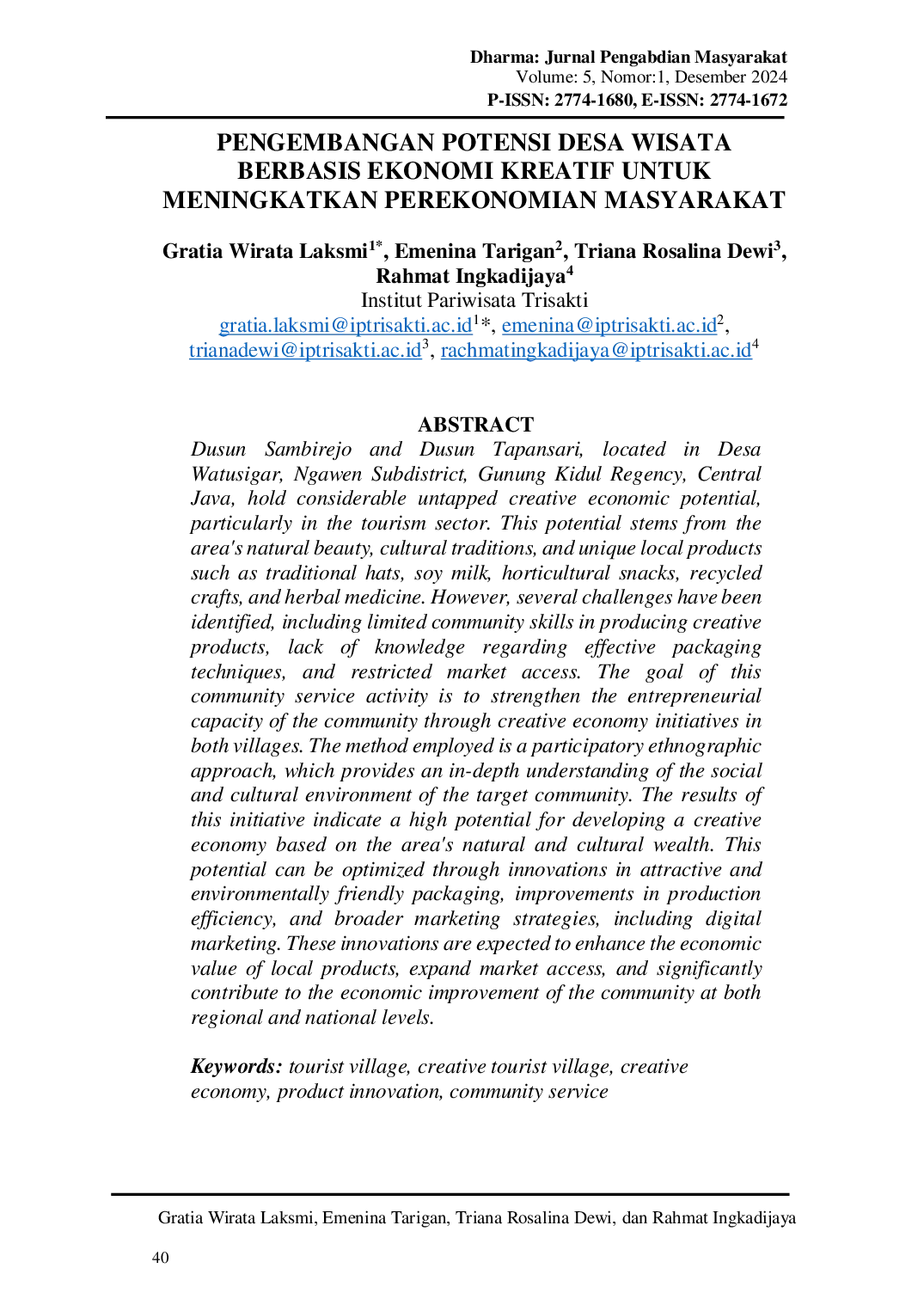 JURIS Pengembangan Potensi Desa Wisata Berbasis Ekonomi Kreatif untuk Meningkatkan Perekonomian Masyarakat