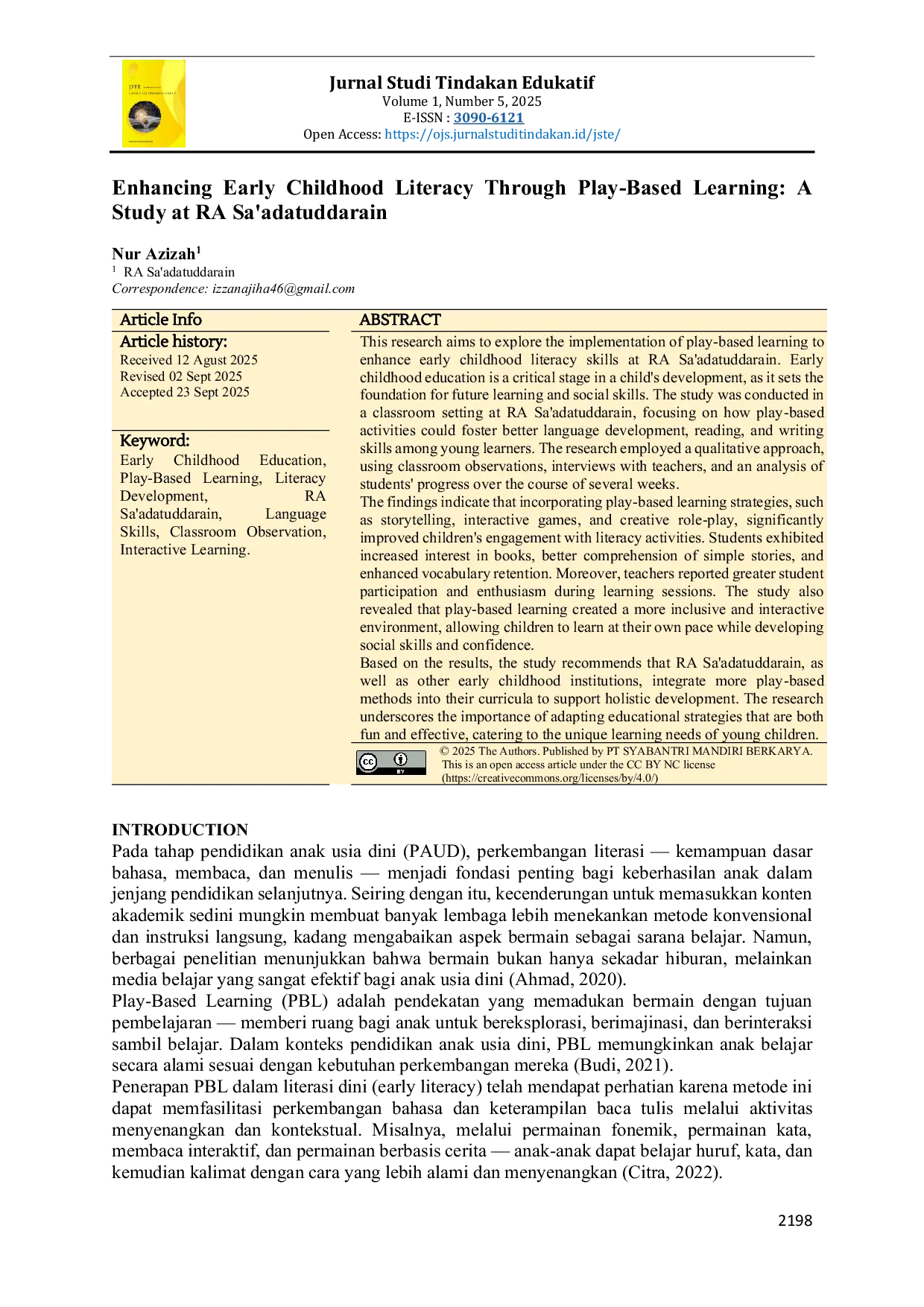 JURIS Enhancing Early Childhood Literacy Through Play Based Learning A Study at RA Sa adatuddarain