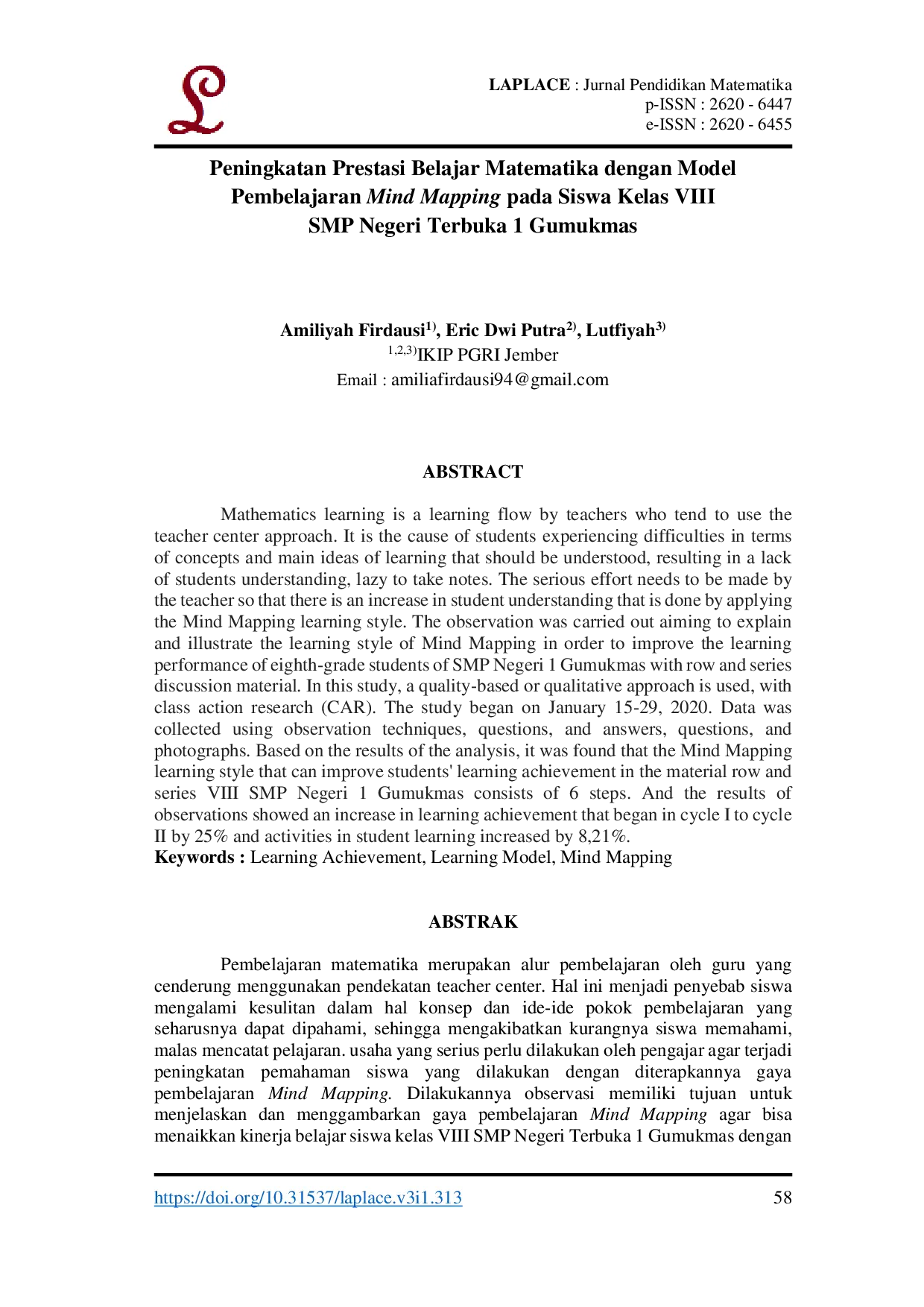 JURIS Peningkatan Prestasi Belajar Matematika dengan Model Pembelajaran Mind Mapping pada Siswa Kelas VIII SMP Negeri Terbuka 1 Gumukmas