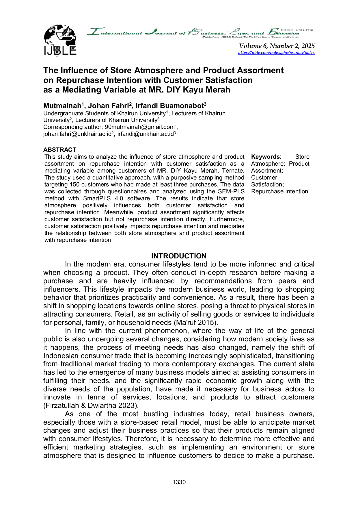 JURIS The Influence of Store Atmosphere and Product Assortment on Repurchase Intention with Customer Satisfaction as a Mediating Variable at MR DIY Kayu Merah