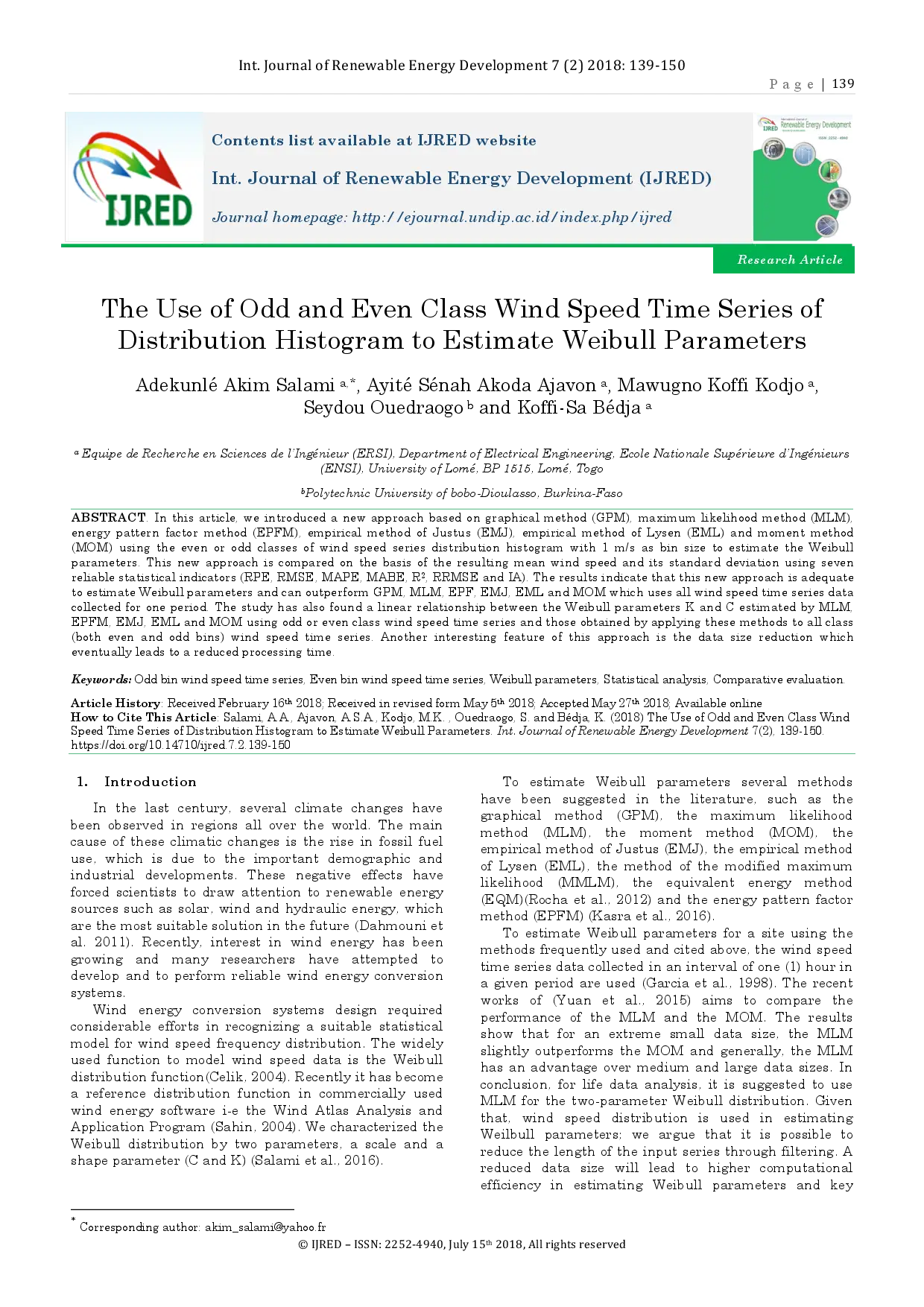 juris The Use of Odd and Even Class Wind Speed Time Series of Distribution Histogram to Estimate Weibull Parameters
