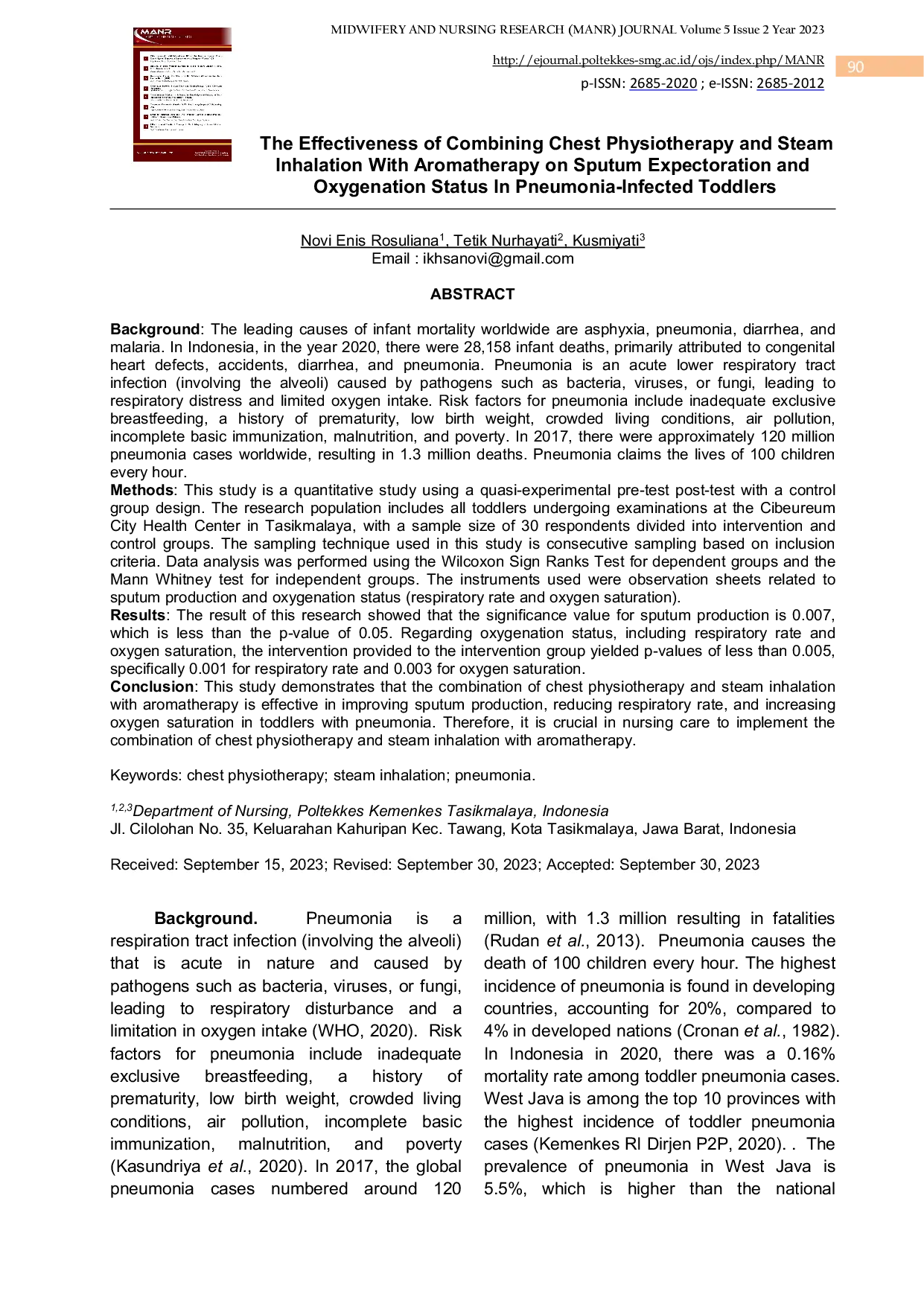 JURIS The Effectiveness of Combining Chest Physiotherapy and Steam Inhalation With Aromatherapy on Sputum Expectoration and Oxygenation Status In Pneumonia Infected Toddlers