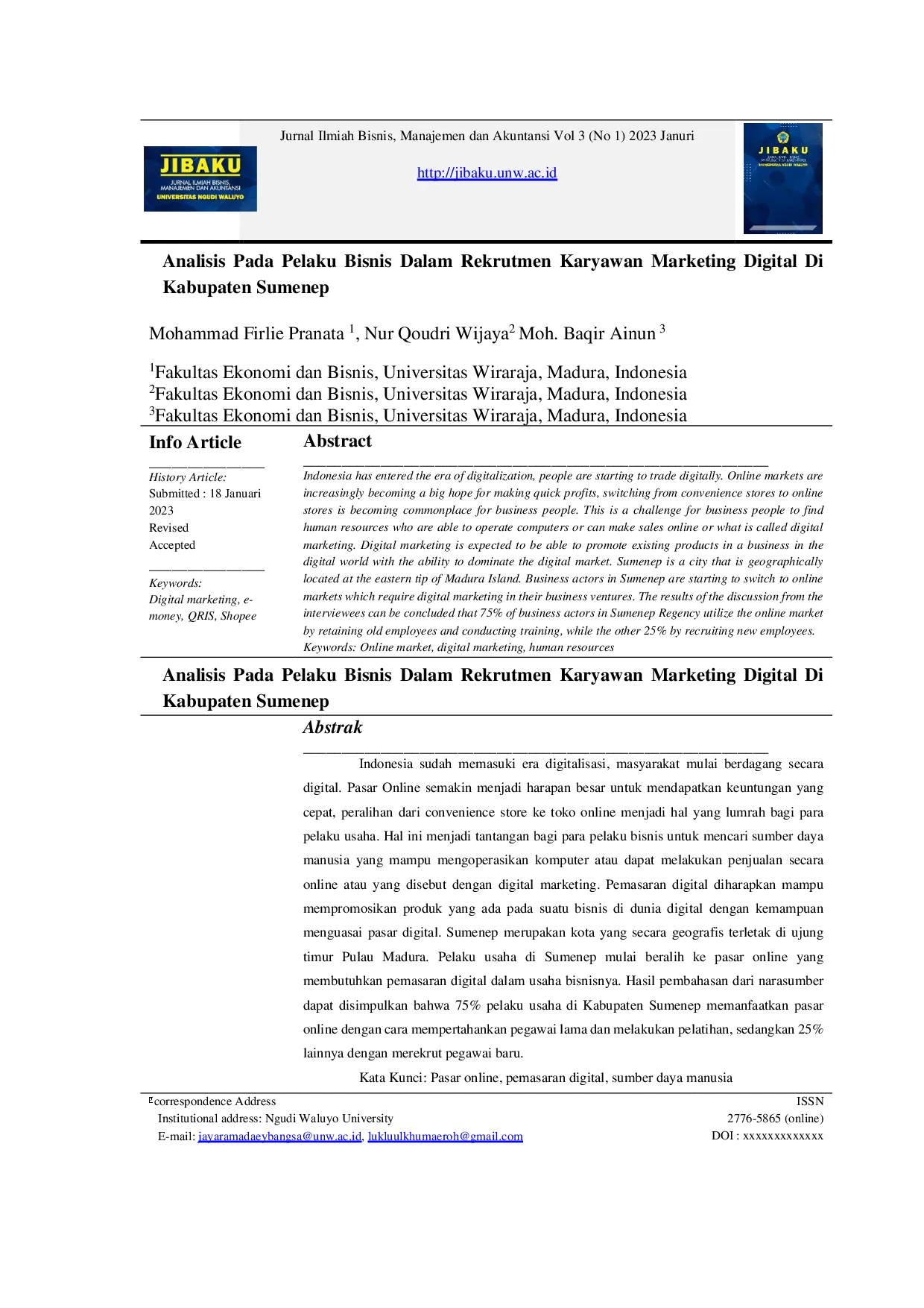 JURIS Analisis pada Pelaku Bisnis dalam Rekrutmen Karyawan Marketing Digital di Kabupaten Sumenep