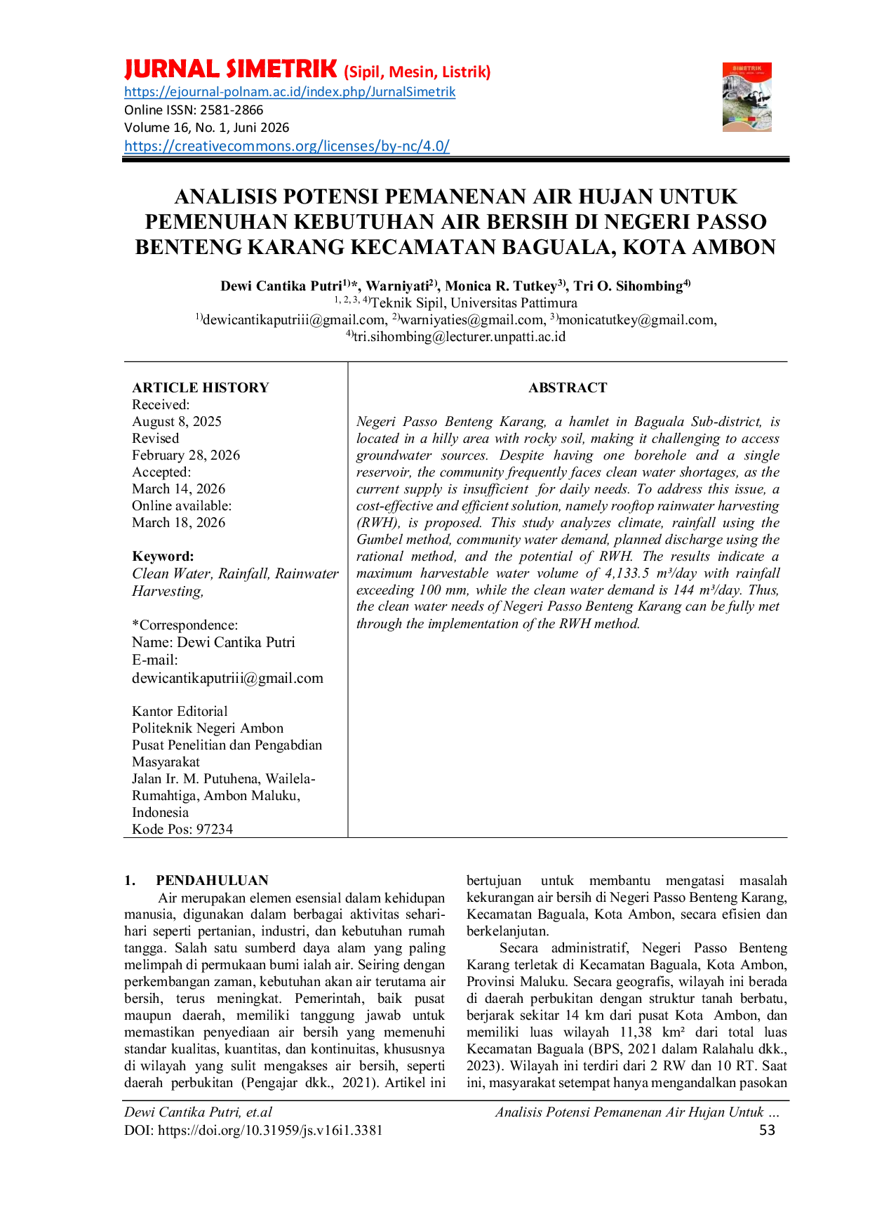 JURIS Analisis Potensi Pemanenan Air Hujan Untuk Pemenuhan Kebutuhan Air Bersih Di Negeri Passo Benteng Karang Kecamatan Baguala Kota Ambon