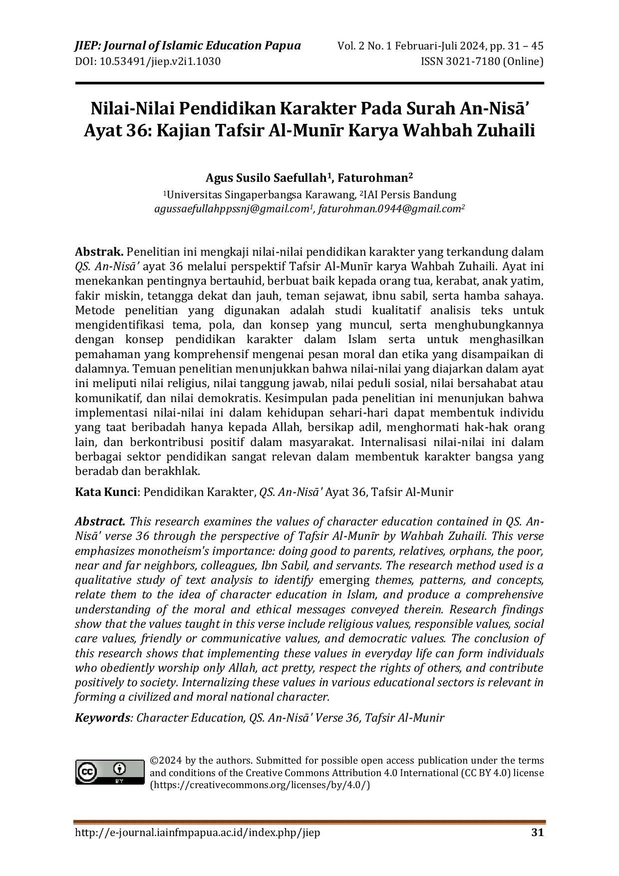 JURIS Nilai Nilai Pendidikan Karakter Pada Surah An NisA Ayat 36 Kajian Tafsir Al Munr Karya Wahbah Zuhaili