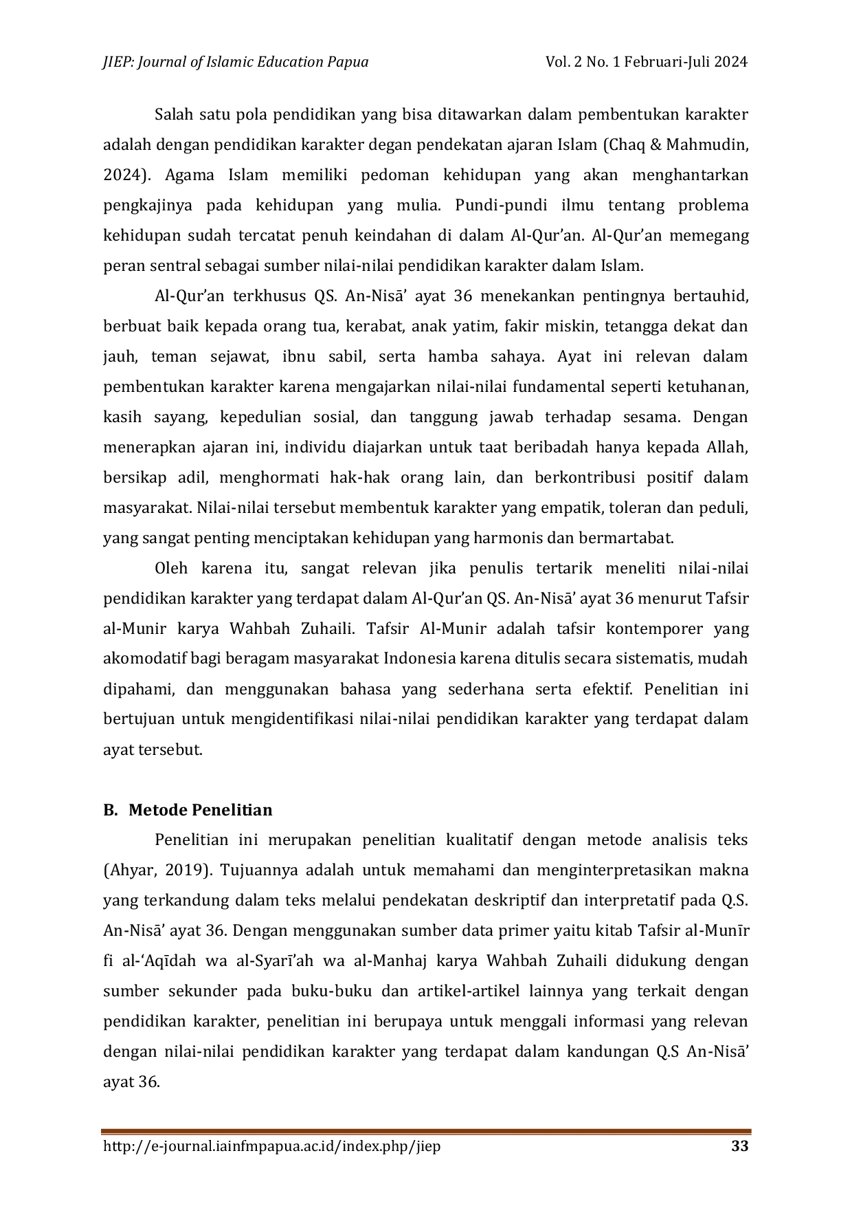 JURIS Nilai Nilai Pendidikan Karakter Pada Surah An NisA Ayat 36 Kajian Tafsir Al Munr Karya Wahbah Zuhaili