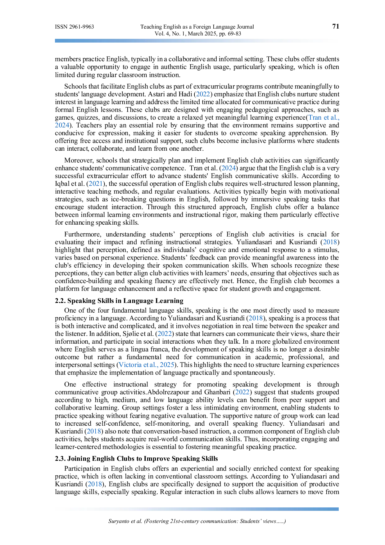 JURIS Fostering 21st century communication Students views on English club as a speaking platform