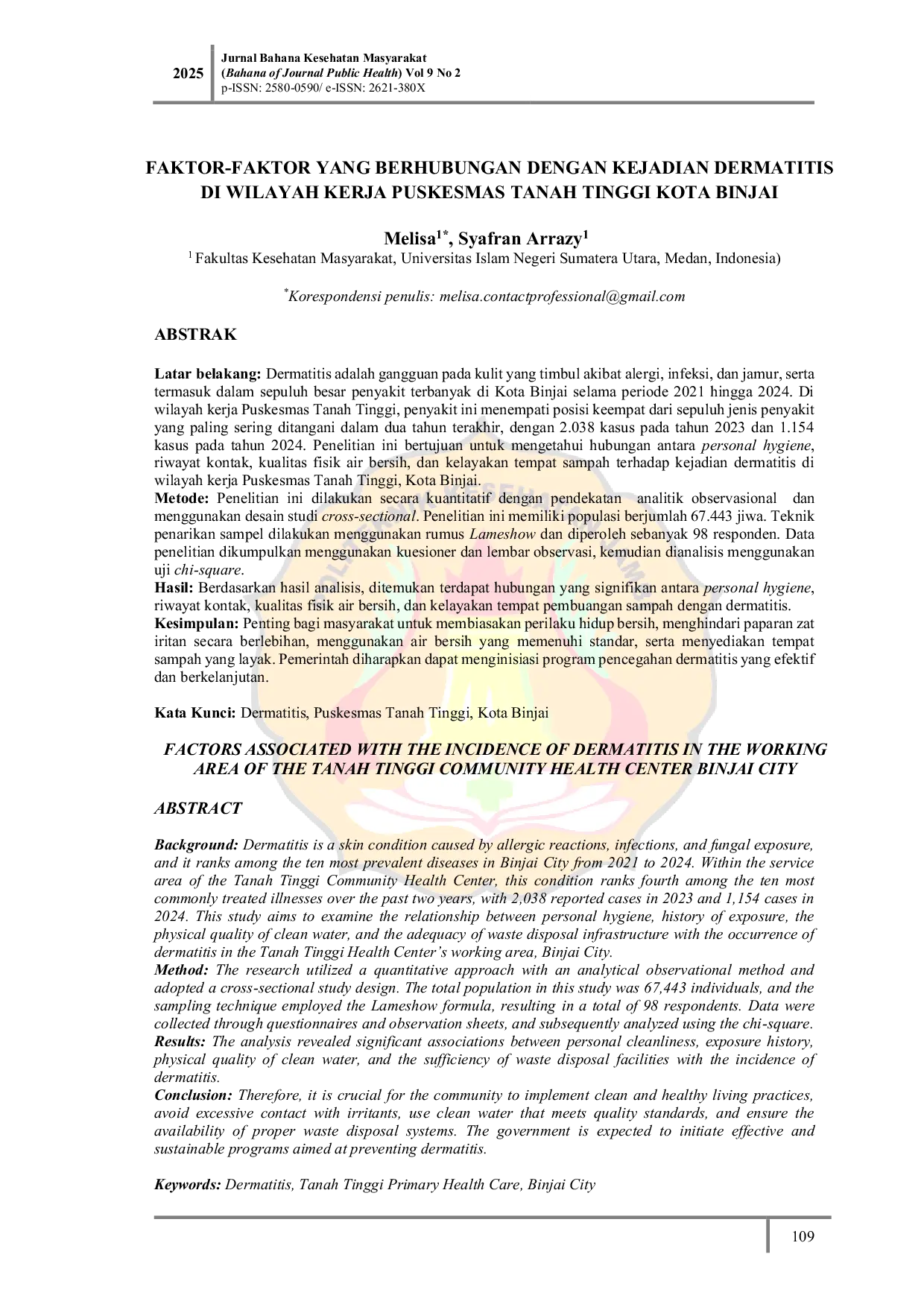 JURIS Factors Associated with The Incidence of Dermatitis in The Working Area of The Tanah Tinggi Community Health Center Binjai City