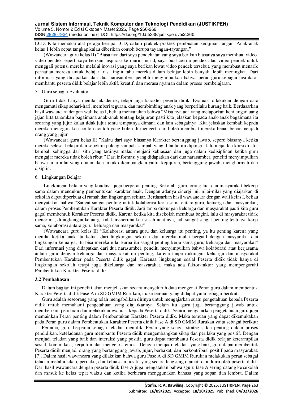 JURIS Peran Guru Dalam Pembentukan Karakter Peserta Didik Fase A Di Sd Gmim Rurukan