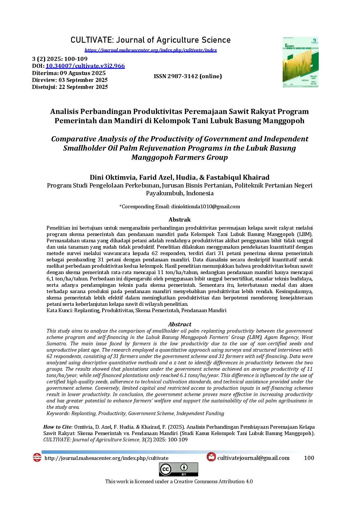 juris Analisis Perbandingan Pembiayaan Peremajaan Kelapa Sawit Rakyat Skema Pemerintah vs Pendanaan Mandiri Studi Kasus Kelompok Tani Lubuk Basung Manggopoh