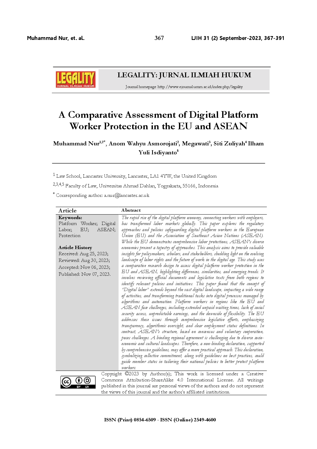 juris A comparative assessment of digital platform worker protection in the EU and ASEAN