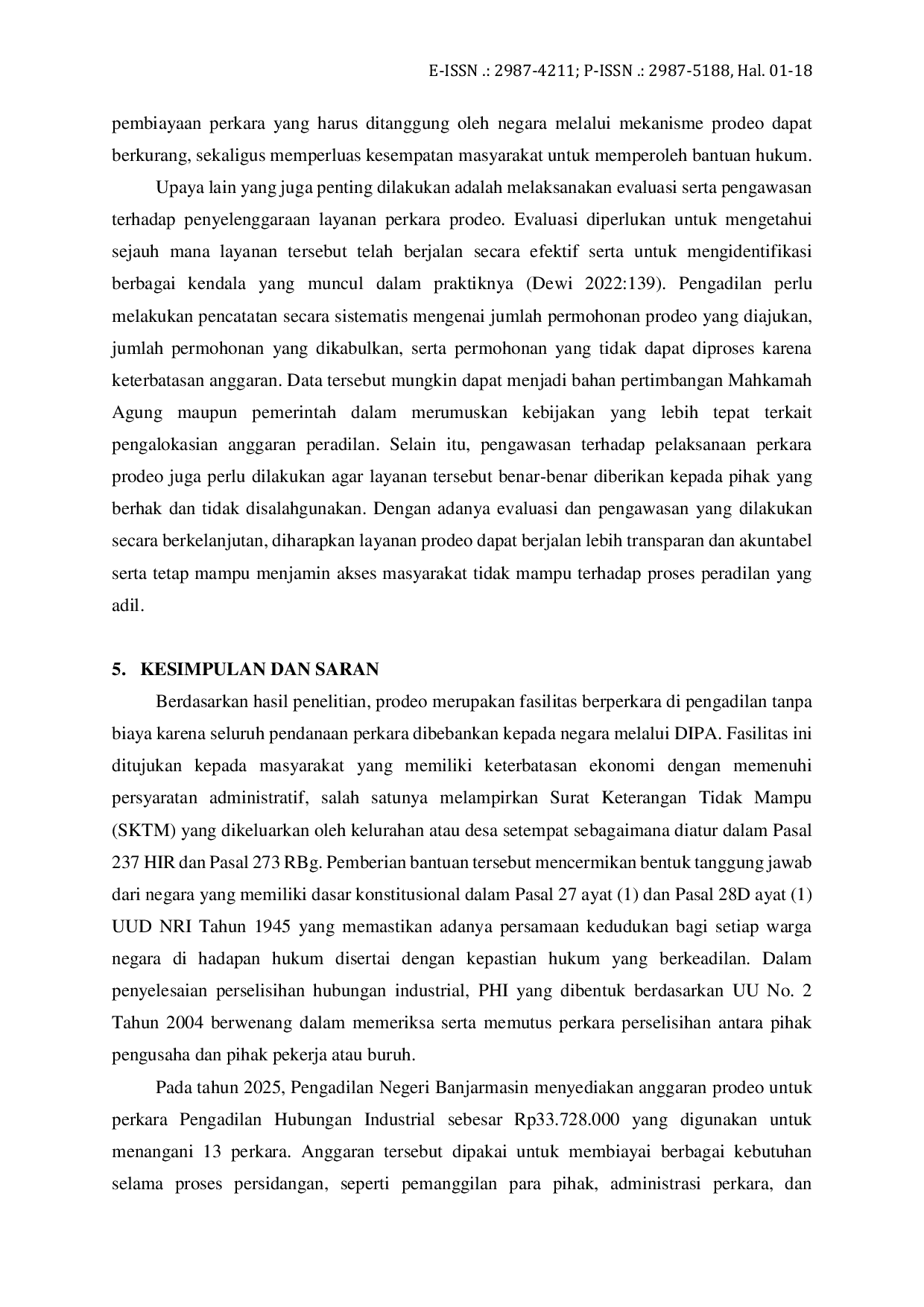 JURIS Keterbatasan Anggaran Prodeo PHI terhadap Pelaksanaan Kekuasaan Kehakiman PN Banjarmasin Perspektif HTN