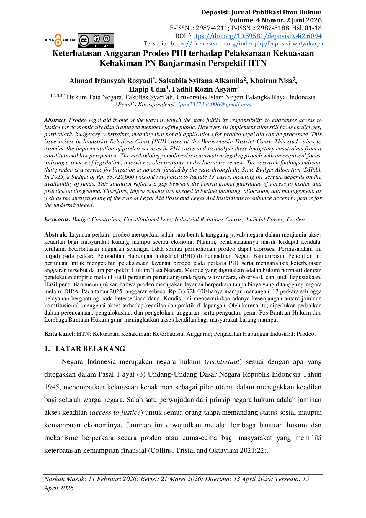 JURIS Keterbatasan Anggaran Prodeo PHI terhadap Pelaksanaan Kekuasaan Kehakiman PN Banjarmasin Perspektif HTN
