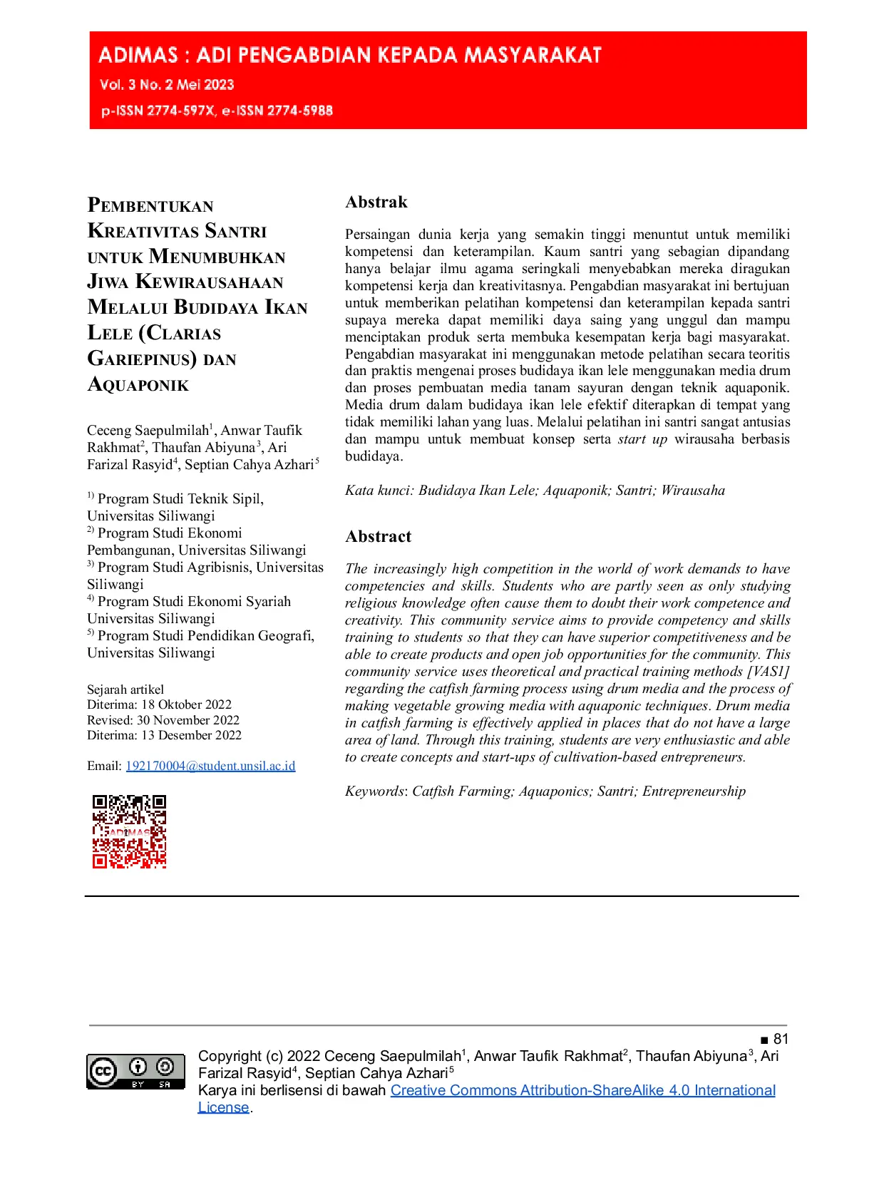 JURIS Pembentukan Kreativitas Santri untuk Menumbuhkan Jiwa Kewirausahaan Melalui Budidaya Ikan Lele Clarias Gariepinus dan Aquaponik