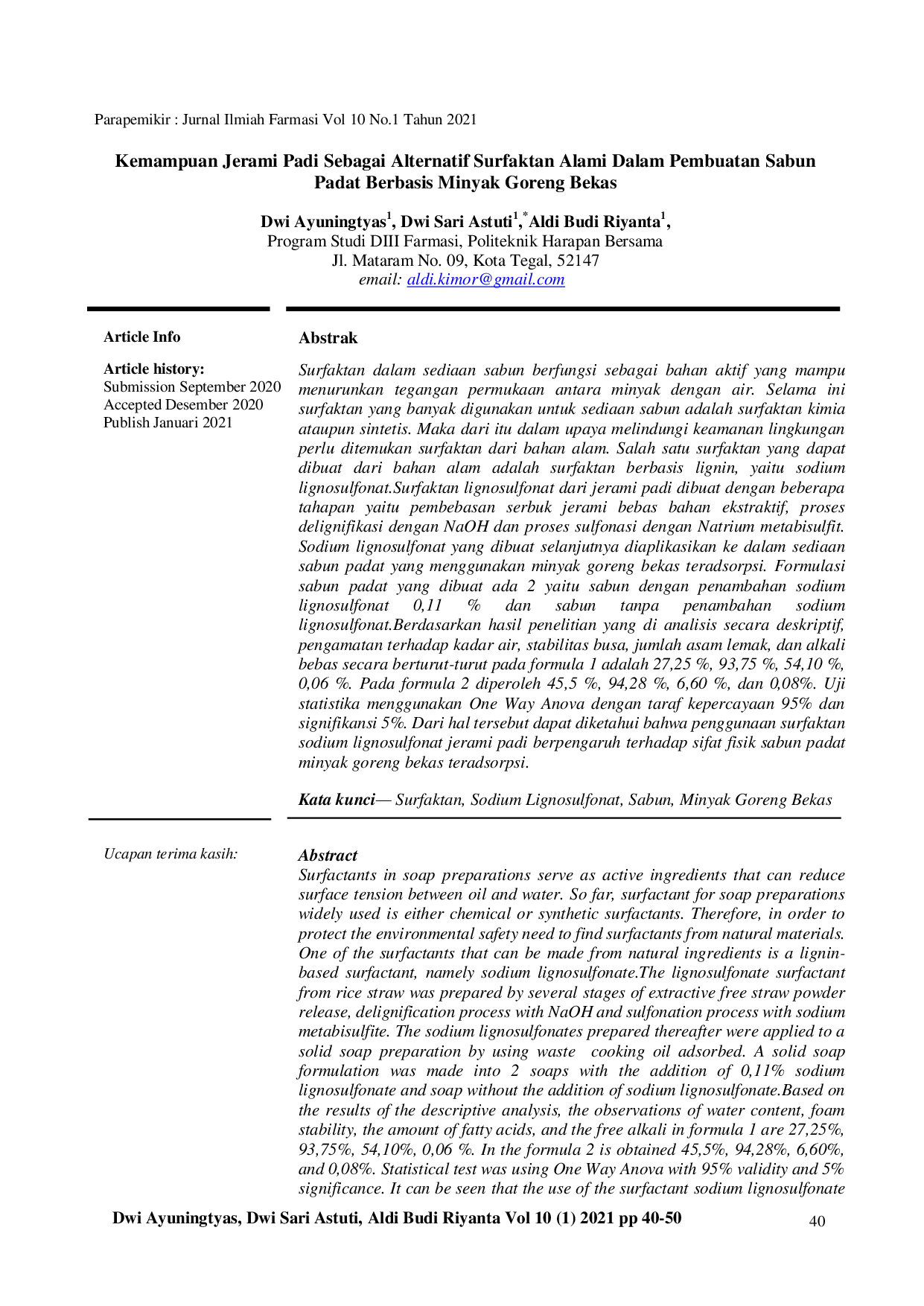 JURIS Kemampuan Jerami Padi Sebagai Alternatif Surfaktan Alami Dalam Pembuatan Sabun Padat Berbasis Minyak Goreng Bekas