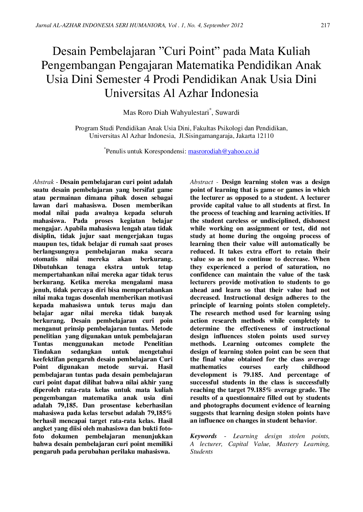 JURIS Desain Pembelajaran AyCuri Point Ay pada Mata Kuliah Pengembangan Pengajaran Matematika Pendidikan Anak Usia Dini Semester 4 Prodi Pendidikan Anak Usia Dini Universitas Al Azhar Indonesia
